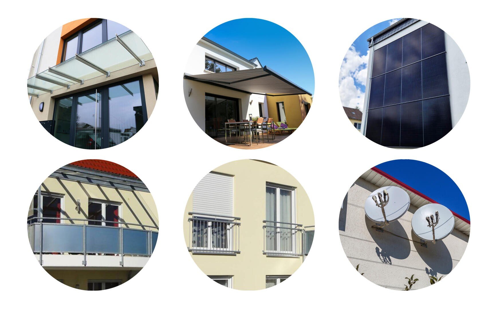Eine Collage aus sechs kreisförmigen Bildern zeigt Anwendungen für Schwerlastbefestigungen: Vordächer/Überdachungen, Markisen, Solarmodule, Geländer, französische Balkone und Absturzsicherungen und Satelliten-Schüsseln