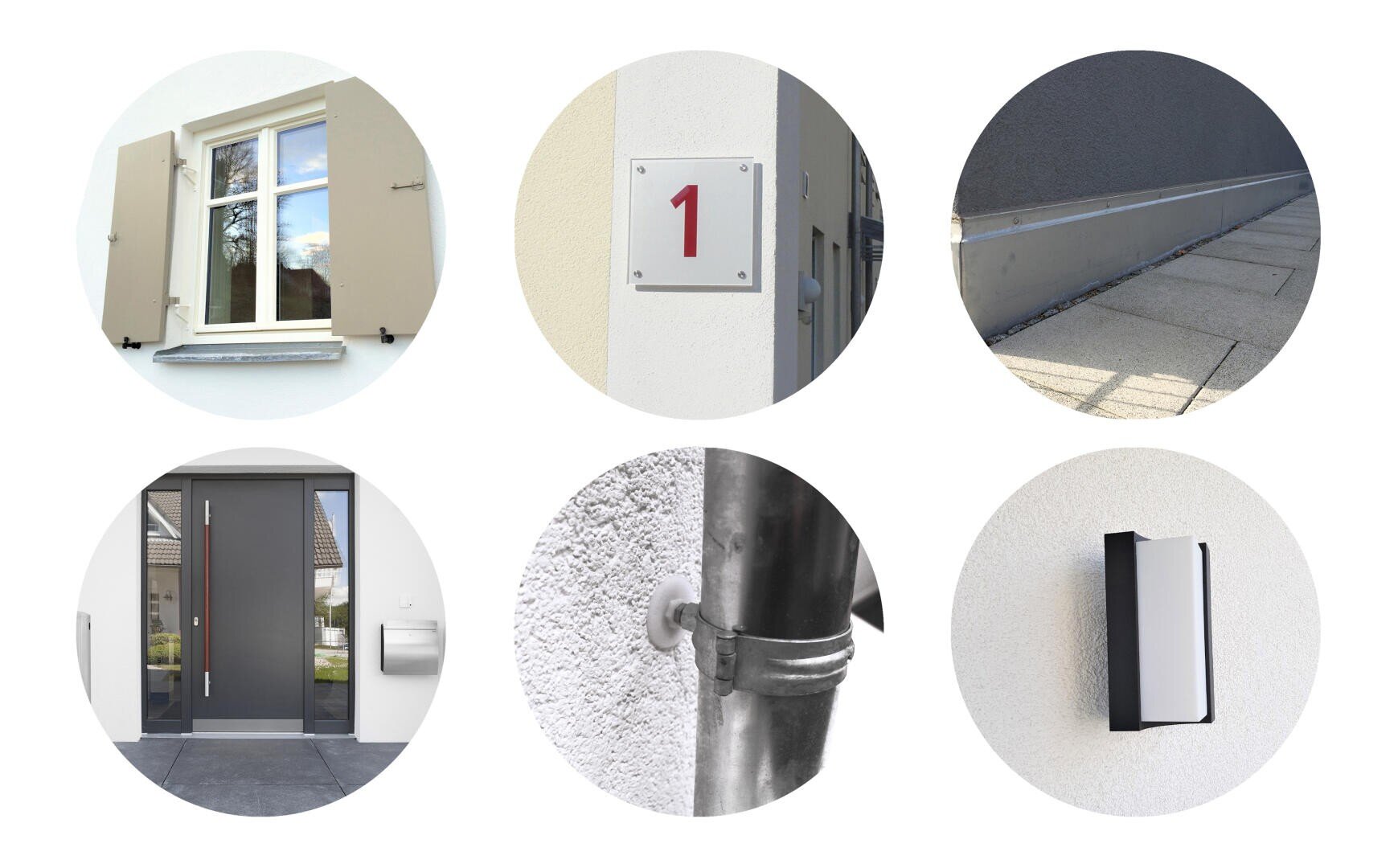 Eine Collage aus sechs kreisförmigen Bildern zeigt Anwendungen für Leichtbefestigungen: Fensterkloben, Schilder, Metallprofile für Wandanschlüsse oder Soceklshutz-Leisten, Briefkästen, Regenfallrohre und Lampen