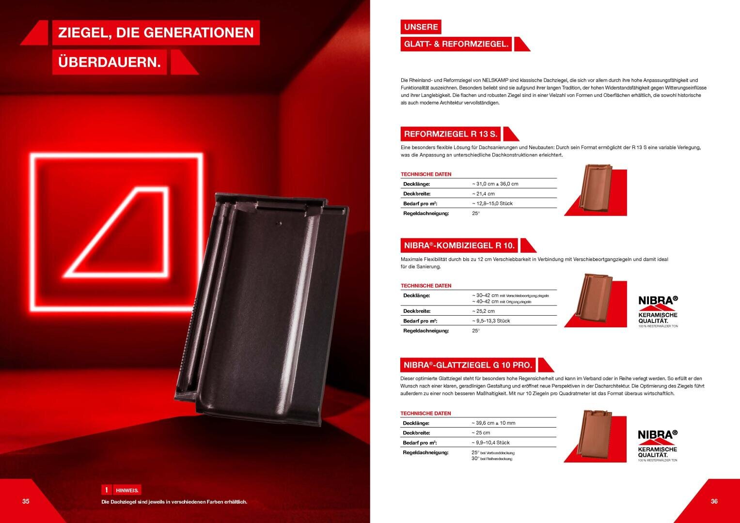 A glossy brown roof tile is displayed against a red, geometric, illuminated background on the left. On the right, German product details and specifications for several roof tiles are listed in red and black text.