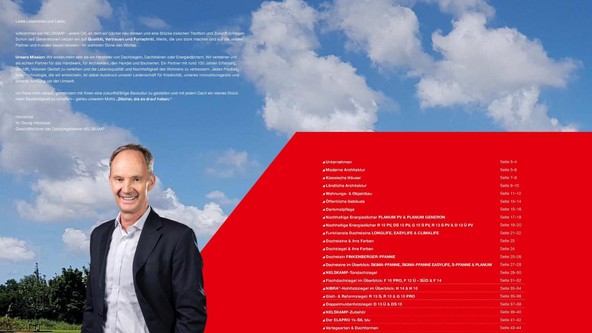 A smiling man in a suit stands in front of a background with blue sky and clouds. On the right, a red panel shows a white text list of topics and page numbers in German, resembling a table of contents.