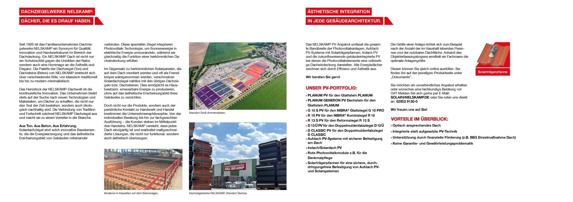 A brochure with text and pictures explains the advantages of integrating solar cells into roof tiles. It contains aerial and exterior photos of buildings with solar tile roofs and a diagram showing how the system works.