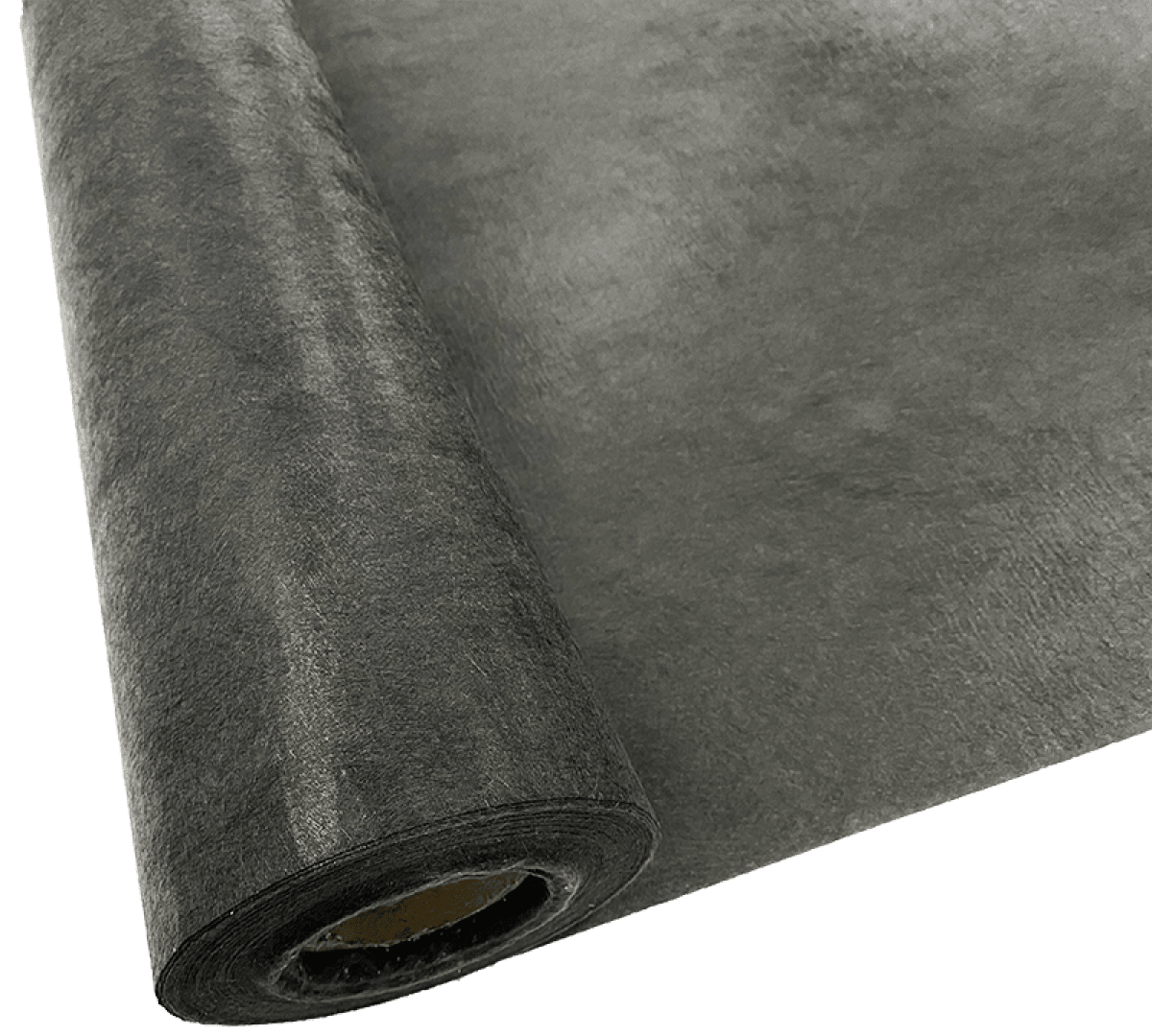 A close-up of a large roll of black landscape fabric or weed barrier, partially unrolled, showing the textured surface and cylindrical shape against a plain background.