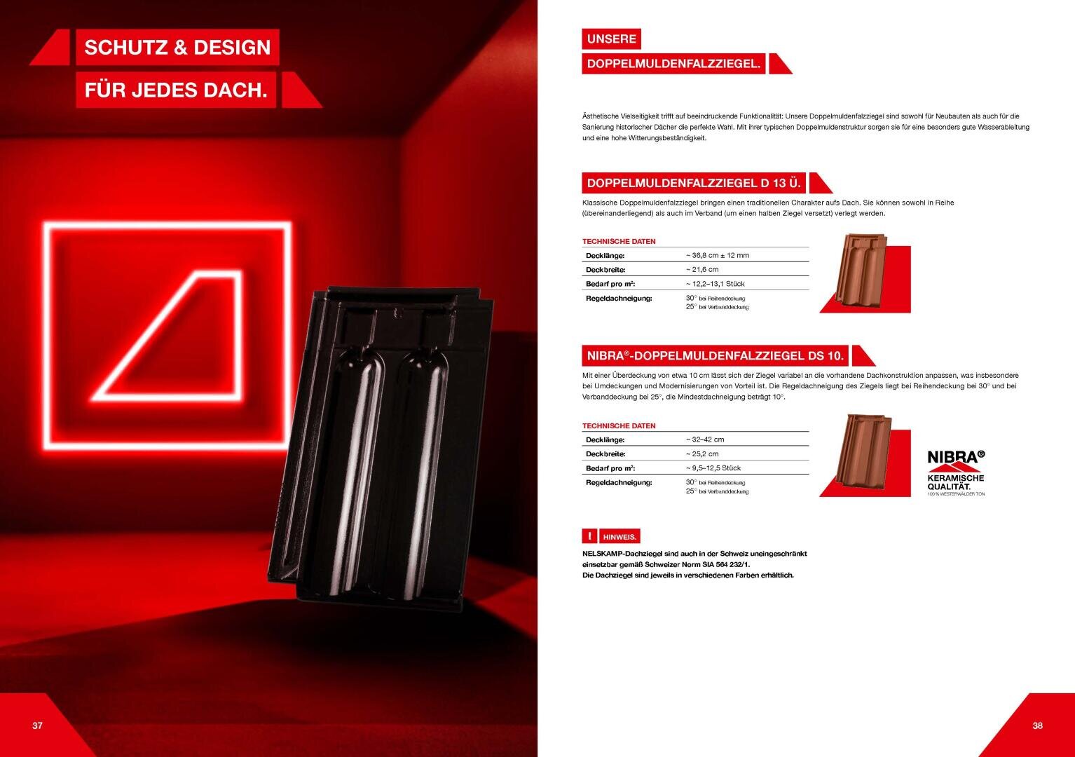 An open brochure displays roofing tiles. The left page has a dark roof tile on a red-black background with white text. The right page lists product info, specifications, and features for two types of double-roof tiles in German.