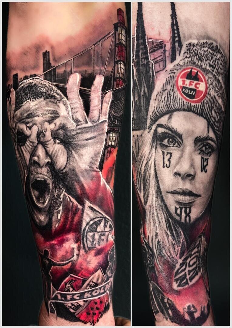 Two detailed tattoos: the one on the left shows a soccer player celebrating in front of a stadium, with the logo of 1. FC Köln and red accents. The image on the right shows a woman with a cap and the 1. FC Köln logo, face tattoos and a cityscape in the background.