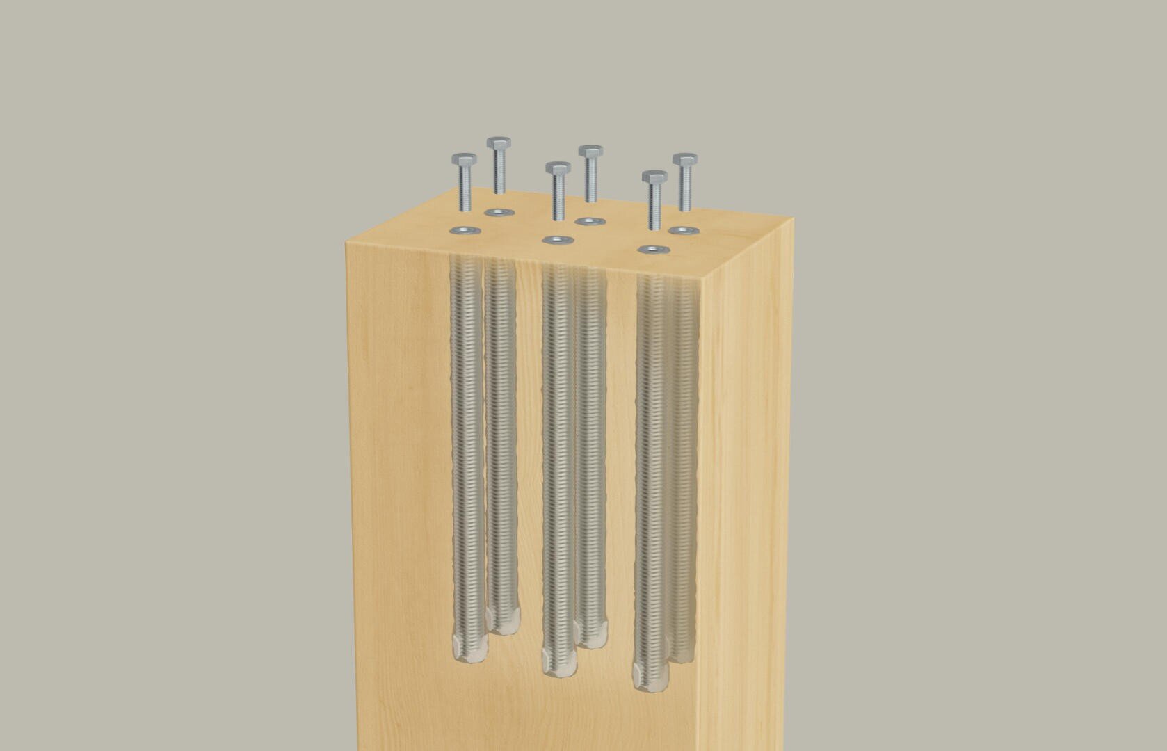 A wooden post with a cross-section that has six vertical steel rods inside and six bolts with washers to secure the top.