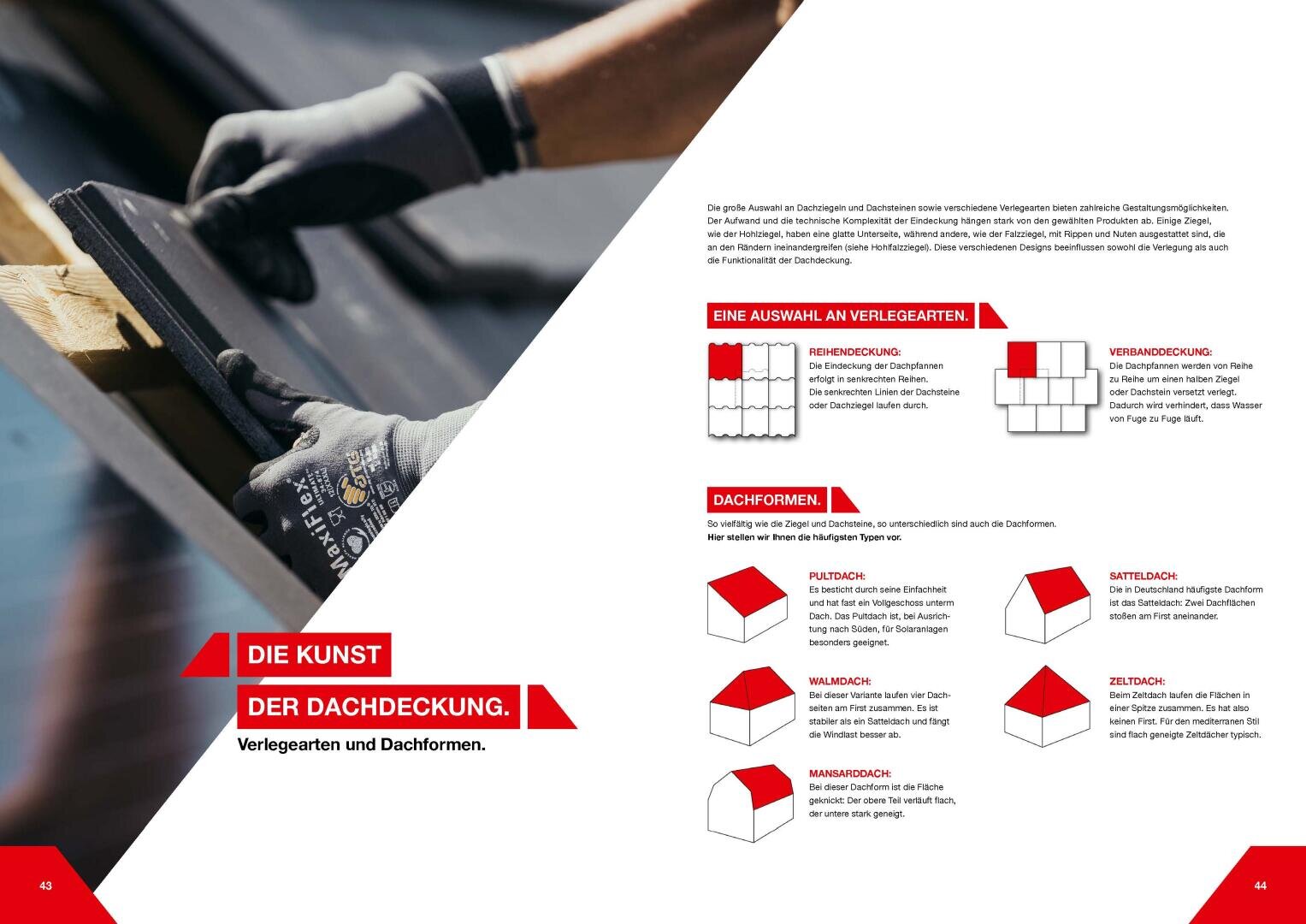 A person installs a roof tile on wooden beams. On the right, diagrams and text explain different roof tile patterns and roof shapes in German, with red and gray illustrations of each type for comparison.