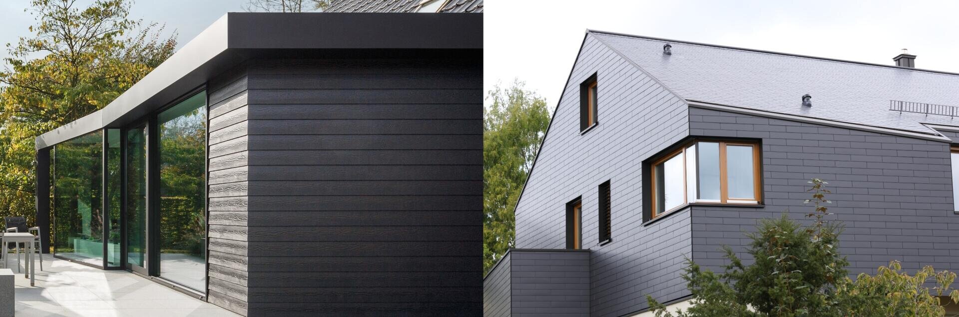 Split image: The left-hand side shows a modern building with dark horizontal wooden cladding and large glass windows. The right side shows a house with dark gray shingles and wood-framed windows, surrounded by a green area.