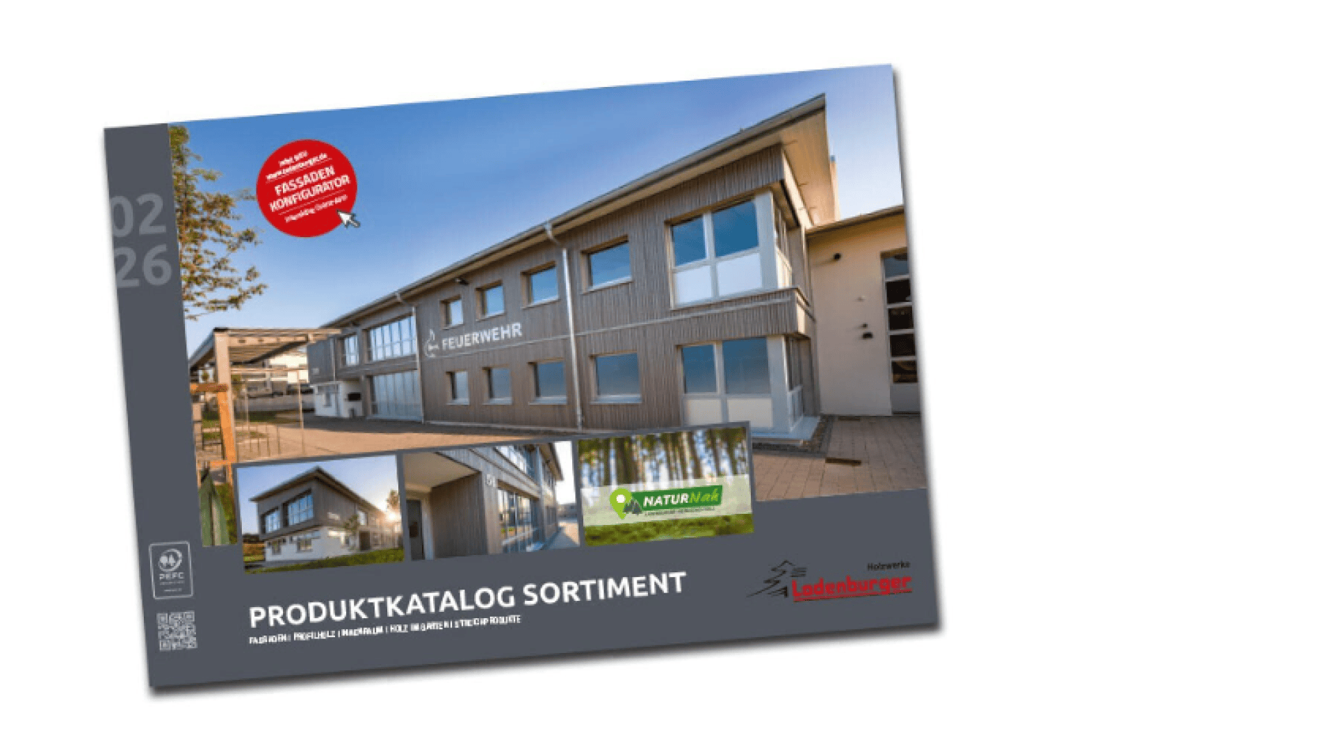 A product catalog cover showing a modern fire station building with large windows, labeled FEUERWEHR. The catalog is titled PRODUKTKATALOG SORTIMENT and features logos and certification badges.