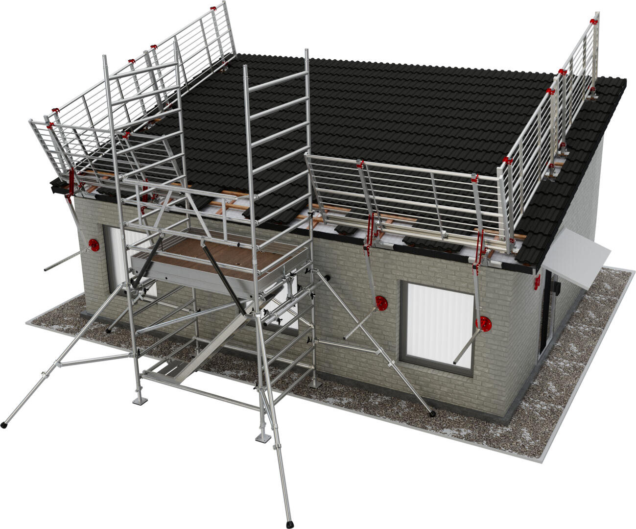 Ein kleines Haus mit schwarzem Ziegeldach ist von Metallgerüsten und Geländern umgeben, was auf laufende Bau- oder Wartungsarbeiten hindeutet. Der Boden ist mit Schotter oder ähnlichem Material bedeckt.