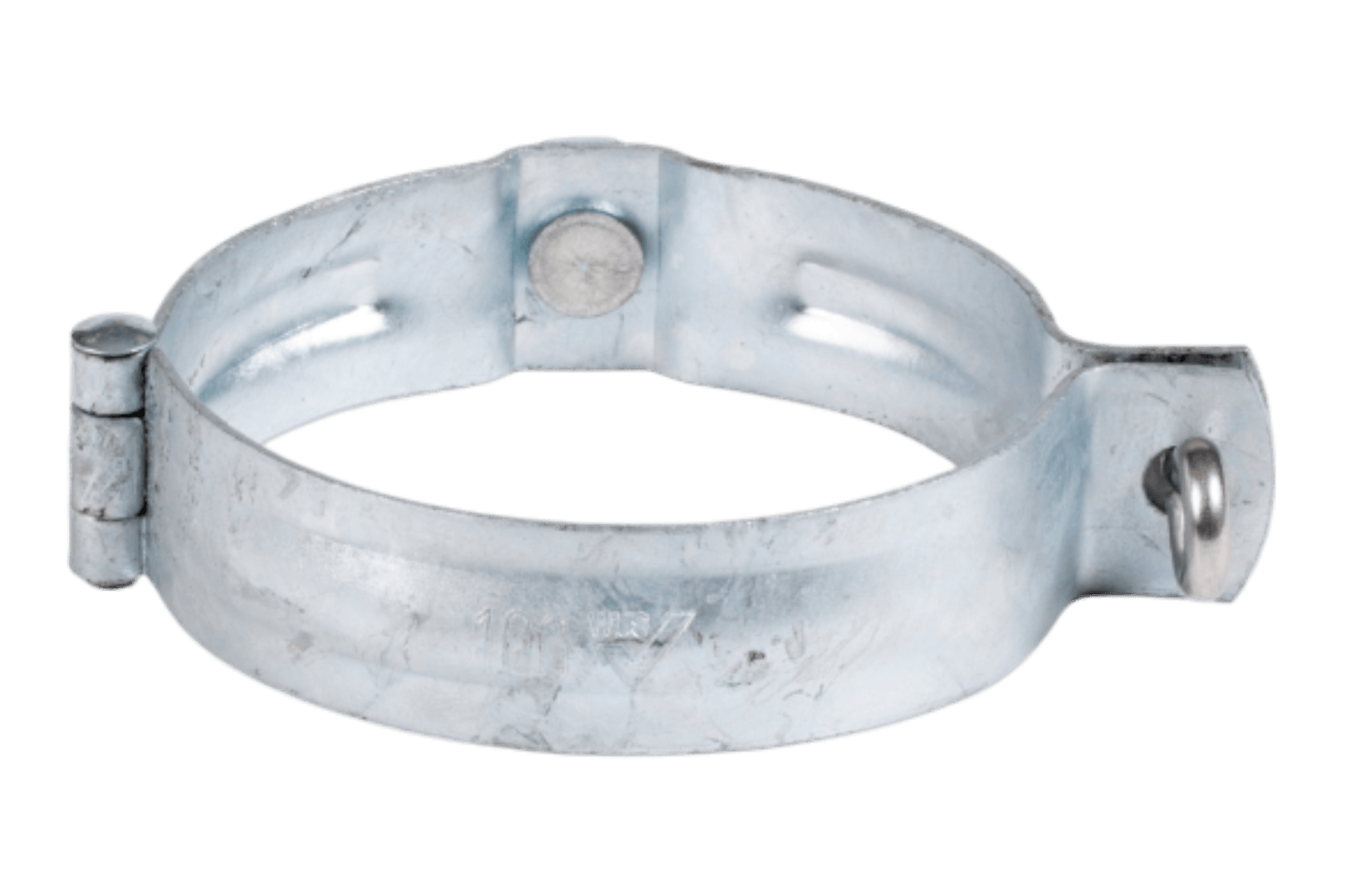 Eine runde Rohrschelle aus Metall mit einem Scharnier auf der einen und einem Schraubverschluss auf der anderen Seite, die zur Befestigung von Rohren oder Schläuchen dient.