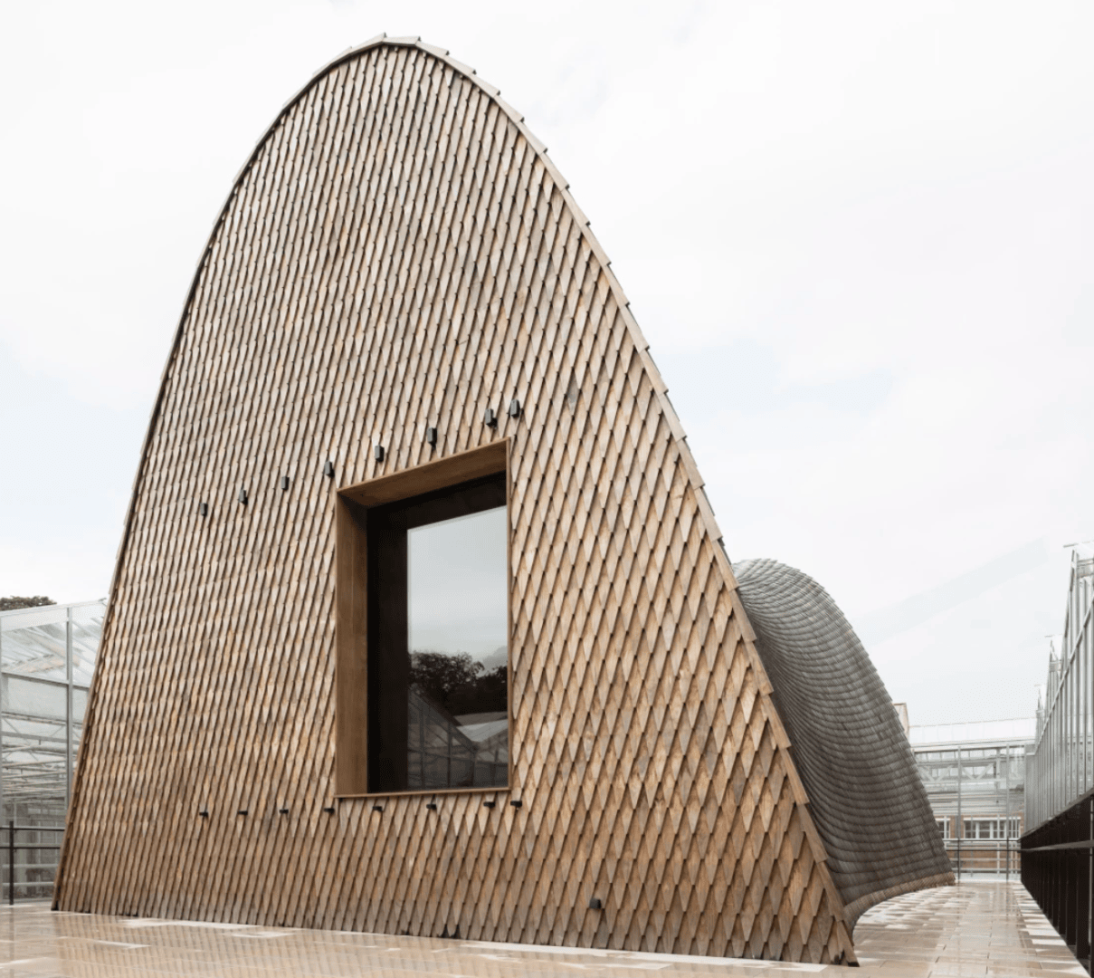 Ein modernes Gebäude mit einer geschwungenen, gewölbten Form, das mit überlappenden Holzschindeln bedeckt ist und ein großes rechteckiges Fenster aufweist. Das Gebäude steht auf einem hellen Grund neben Gebäuden mit Glaswänden.