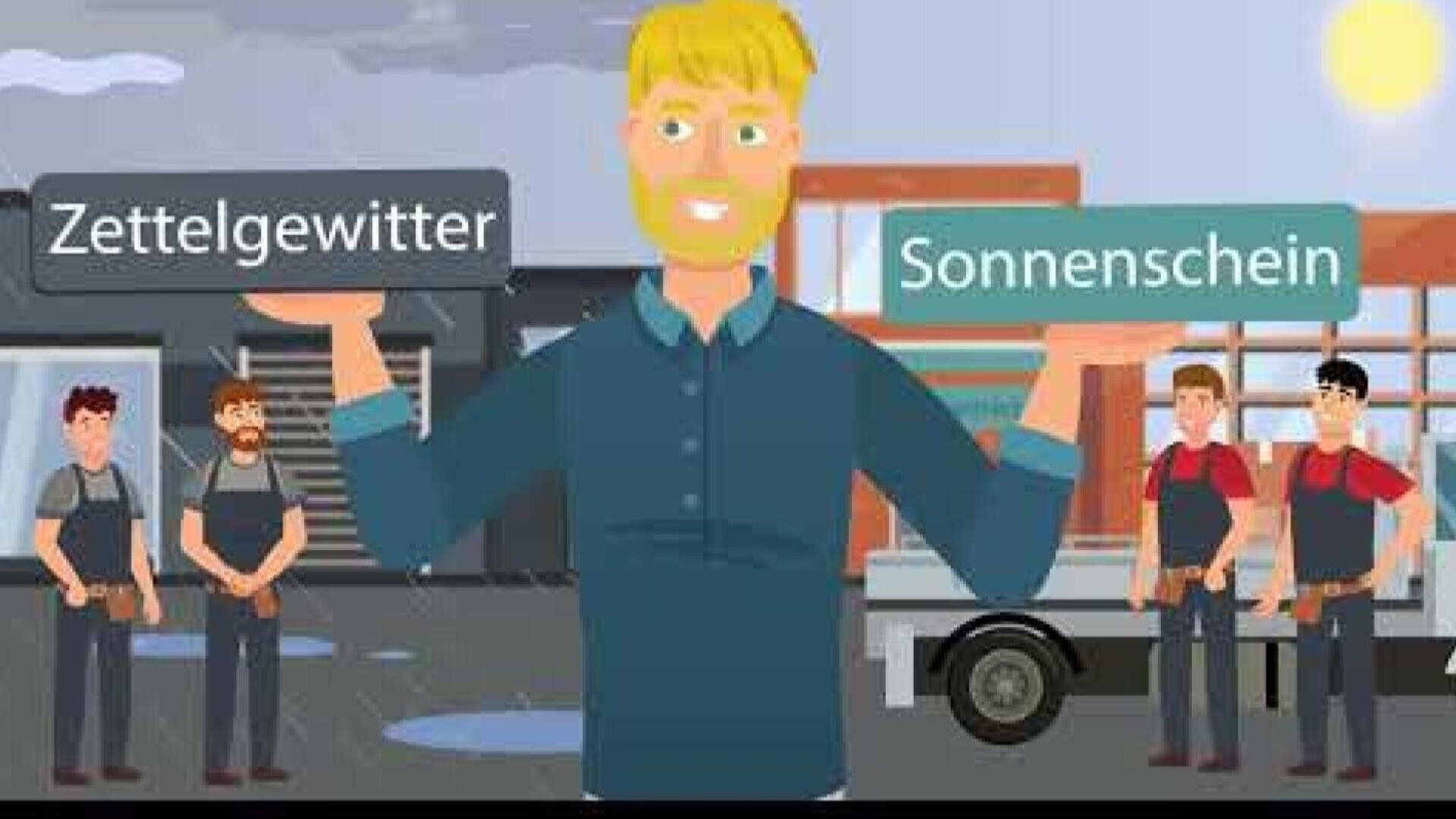 An illustrated man stands smiling and holding two signs reading Zettelgewitter and Sonnenschein, while workers and a truck can be seen in the background. On the left it is raining, on the right it is sunny.