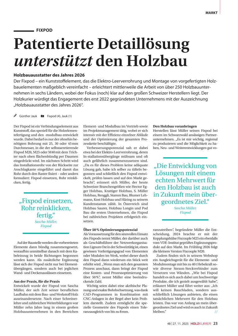 A magazine page in German contains an article entitled "Patentierte Detaillösung unterstützt den Holzbau" about the Fixpod, with highlighted quotes, text columns, a blue product logo and the page number 23 at the bottom.