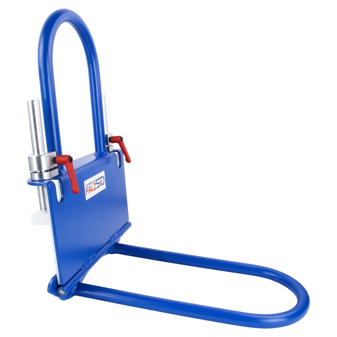 Blaue Parkschranke aus Metall mit rechteckigem Sockel, einer aufrechten U-förmigen Schlaufe, zwei roten Verriegelungshebeln und einem FALZONI-Etikett auf der Frontplatte. Die Vorrichtung wurde entwickelt, um den Zugang von Fahrzeugen zu einem Parkplatz zu beschränken.