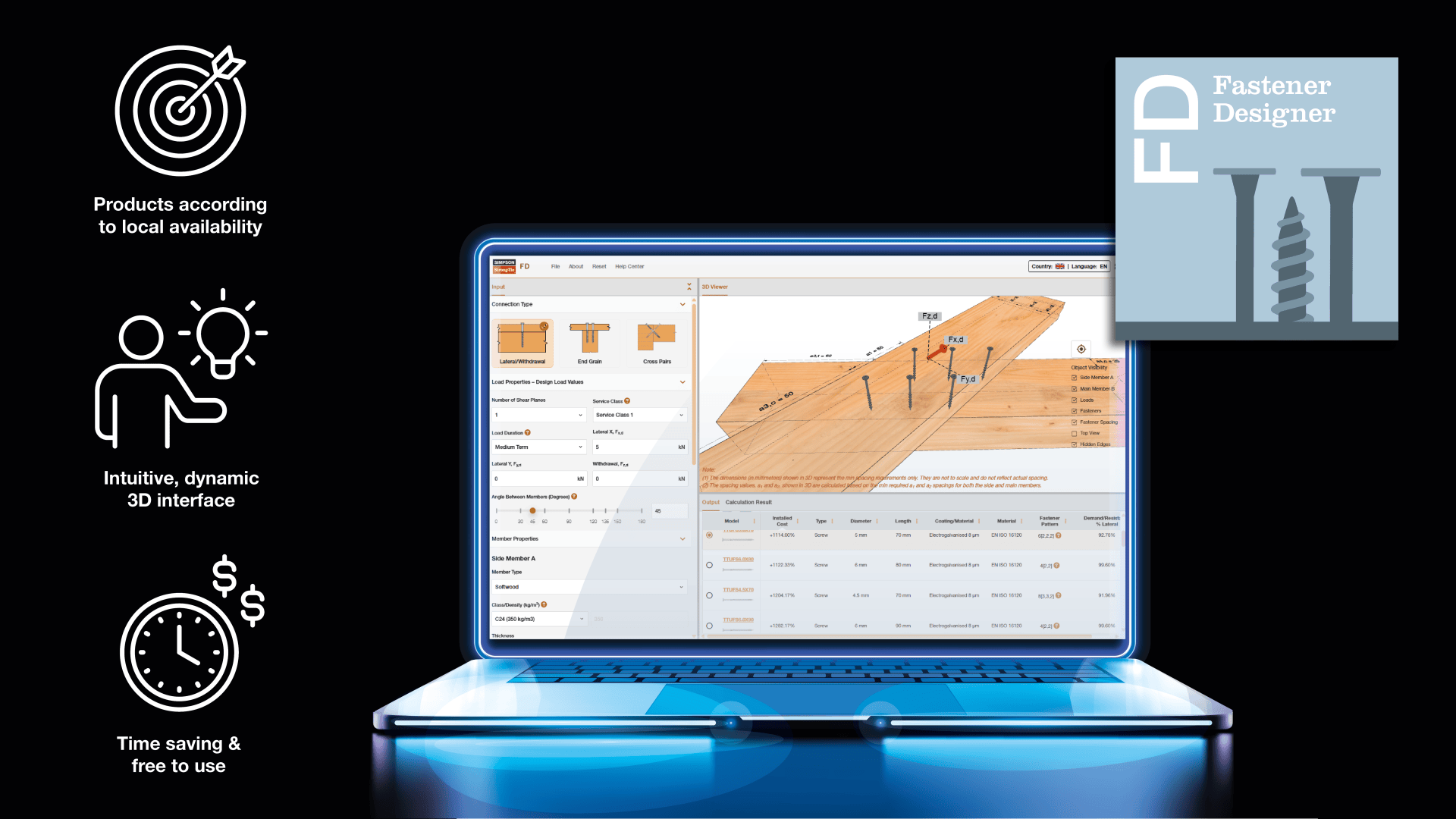 A glowing laptop displays a 3D fastener design tool with a wood construction project. Icons on the left highlight local availability, an intuitive interface, and time-saving benefits. A “Fastener Designer” logo appears in the top right.