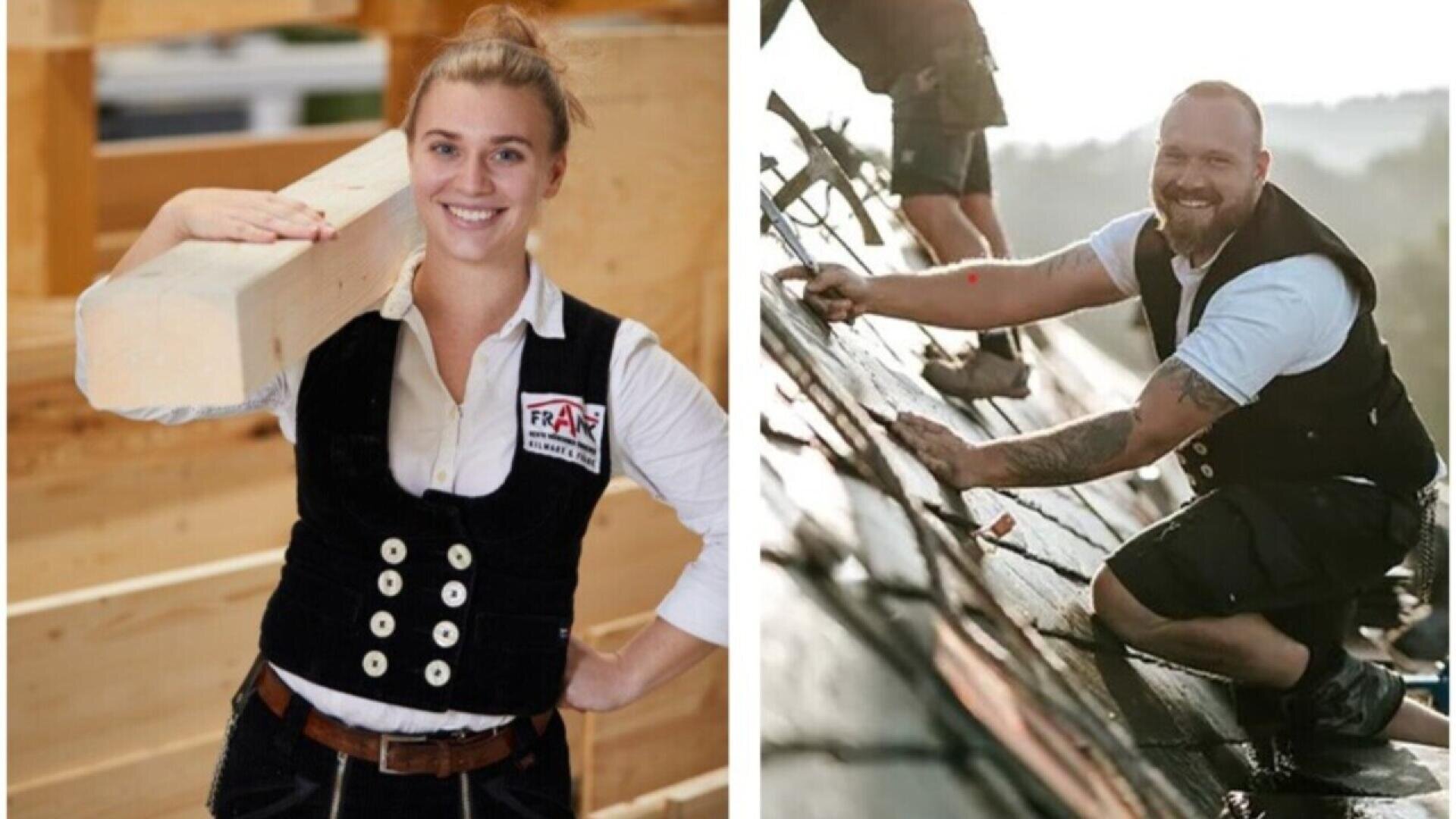 A woman in workwear carries a wooden beam on her shoulder and smiles indoors; next to her, a man in similar attire works on a roof outside, also smiling.