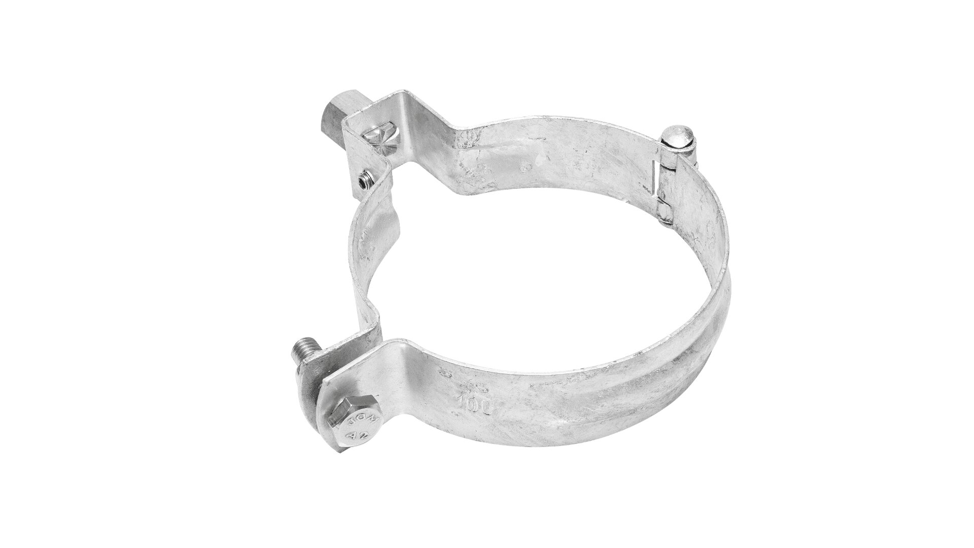 Eine metallische Rohrschelle mit beidseitigen Bolzen dient zur Befestigung zylindrischer Objekte. Die Schelle ist geöffnet und vor einem weißen Hintergrund positioniert.