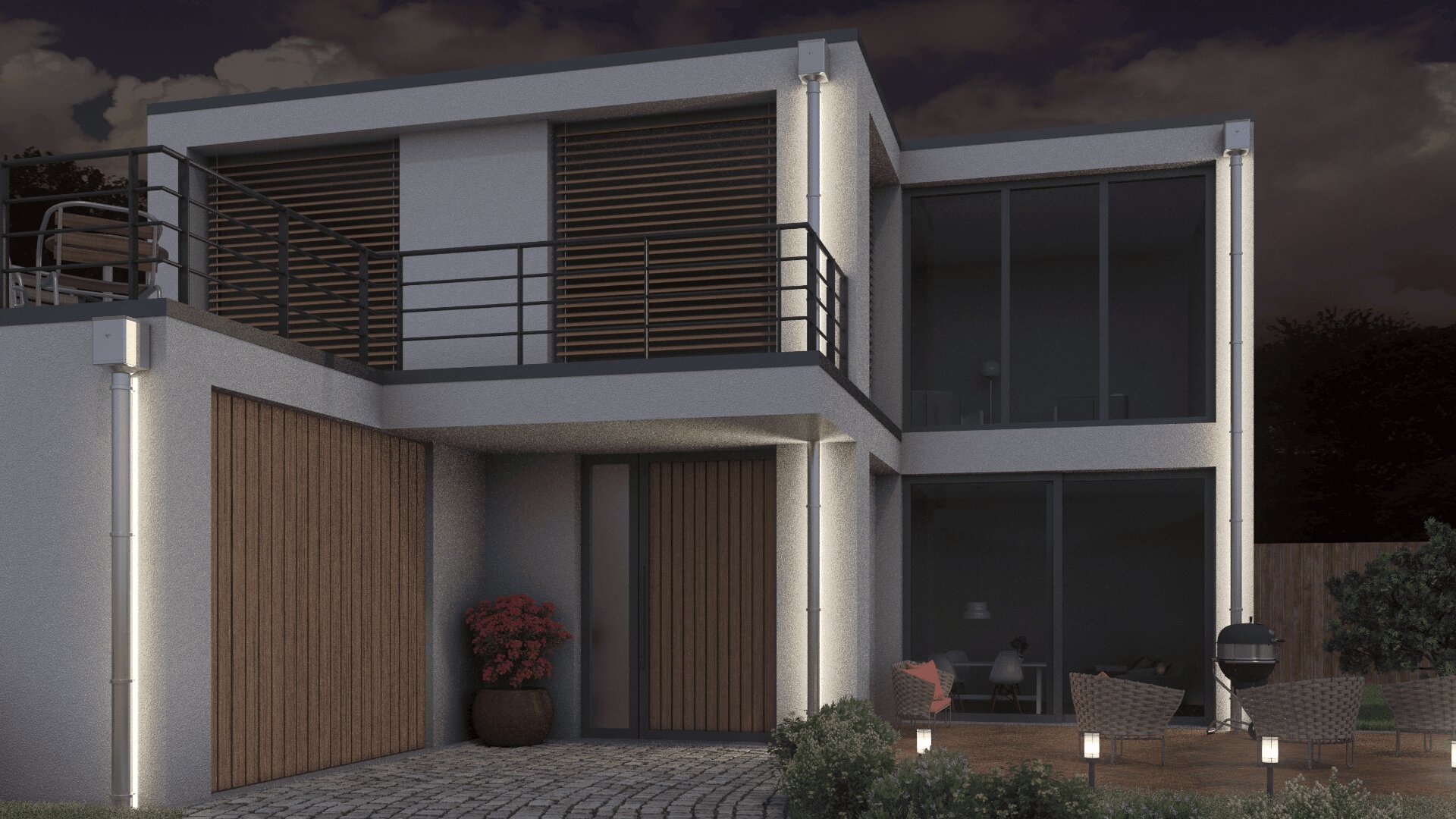 Modernes zweistöckiges Haus bei Nacht mit großen Fenstern, Holzakzenten, vertikalen Außenleuchten und einem Sitzbereich im Freien, wo zwei Personen sitzen. Eine Topfpflanze schmückt den Eingang.