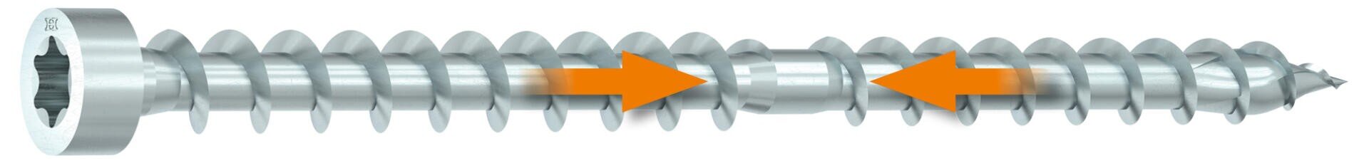 Eine Nahaufnahme einer Metallschraube mit zwei orangefarbenen Pfeilen, die auf einen glatten Abschnitt in der Mitte des Gewindeschafts zeigen.