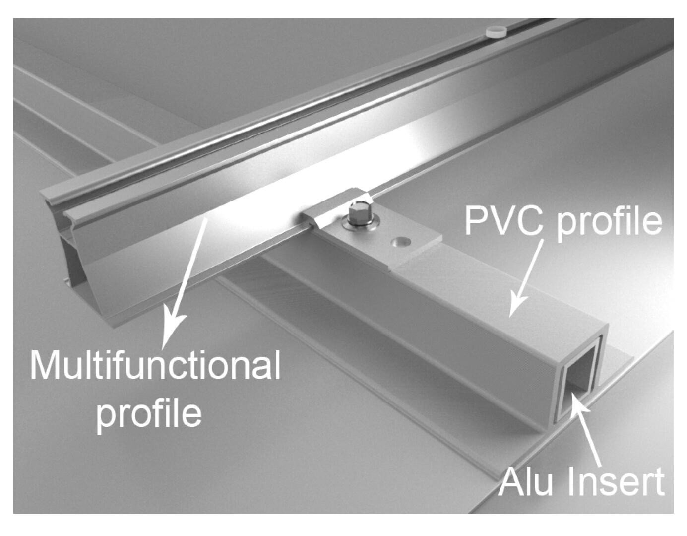 Ein beschriftetes Diagramm, das ein PVC-Profil zeigt, das mit einer Schraube an einem Multifunktionsprofil befestigt ist, und eine Aluminiumeinlage im Inneren des PVC-Profils.
