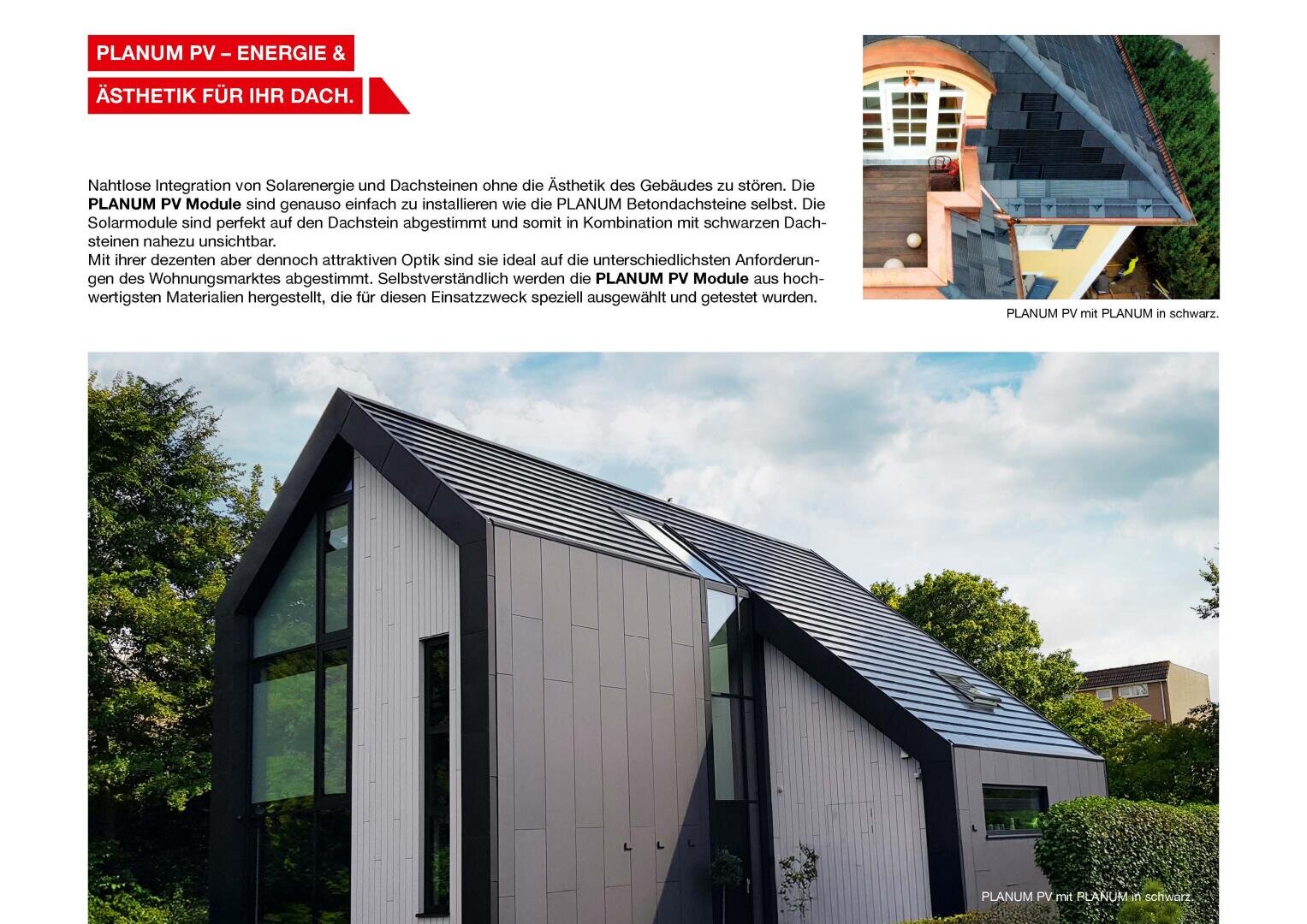 Ein modernes Haus mit einem Schrägdach, das mit dunklen PLATINUM PV-Solarmodulen ausgestattet ist, umgeben von Bäumen. Inset: eine Nahaufnahme der gleichen Solarmodule auf einem anderen Dach, die die Integration mit den Dachziegeln zeigt.