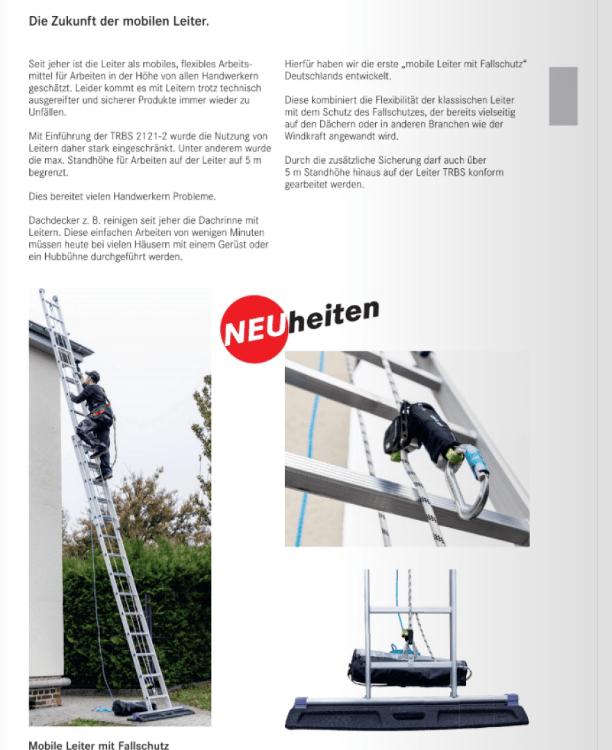 Ein Mann steht auf einer ausgefahrenen Leiter, die an ein Dach gelehnt ist, und benutzt ein an der Leiter befestigtes Sicherheitsgeschirr. Es sind Nahaufnahmen des Auffanggurtsystems und eines mobilen Leiterstabilisators auf einer ebenen Fläche zu sehen. Ein deutscher Text beschreibt die Produkte.