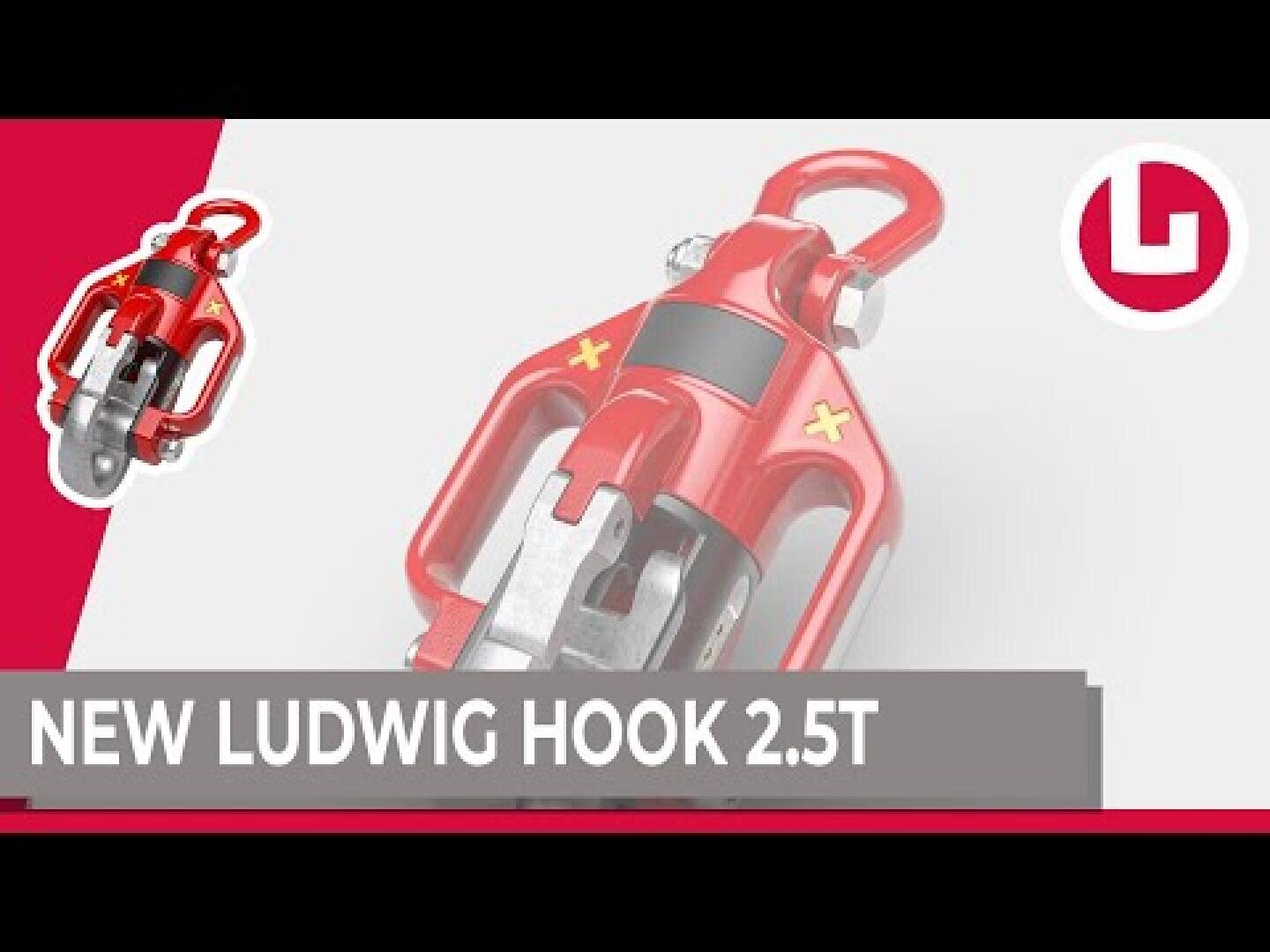 A red industrial hook labeled NEW LUDWIG HOOK 2.5T is featured prominently, with a smaller inset image and the Ludwig logo on a white and red background.