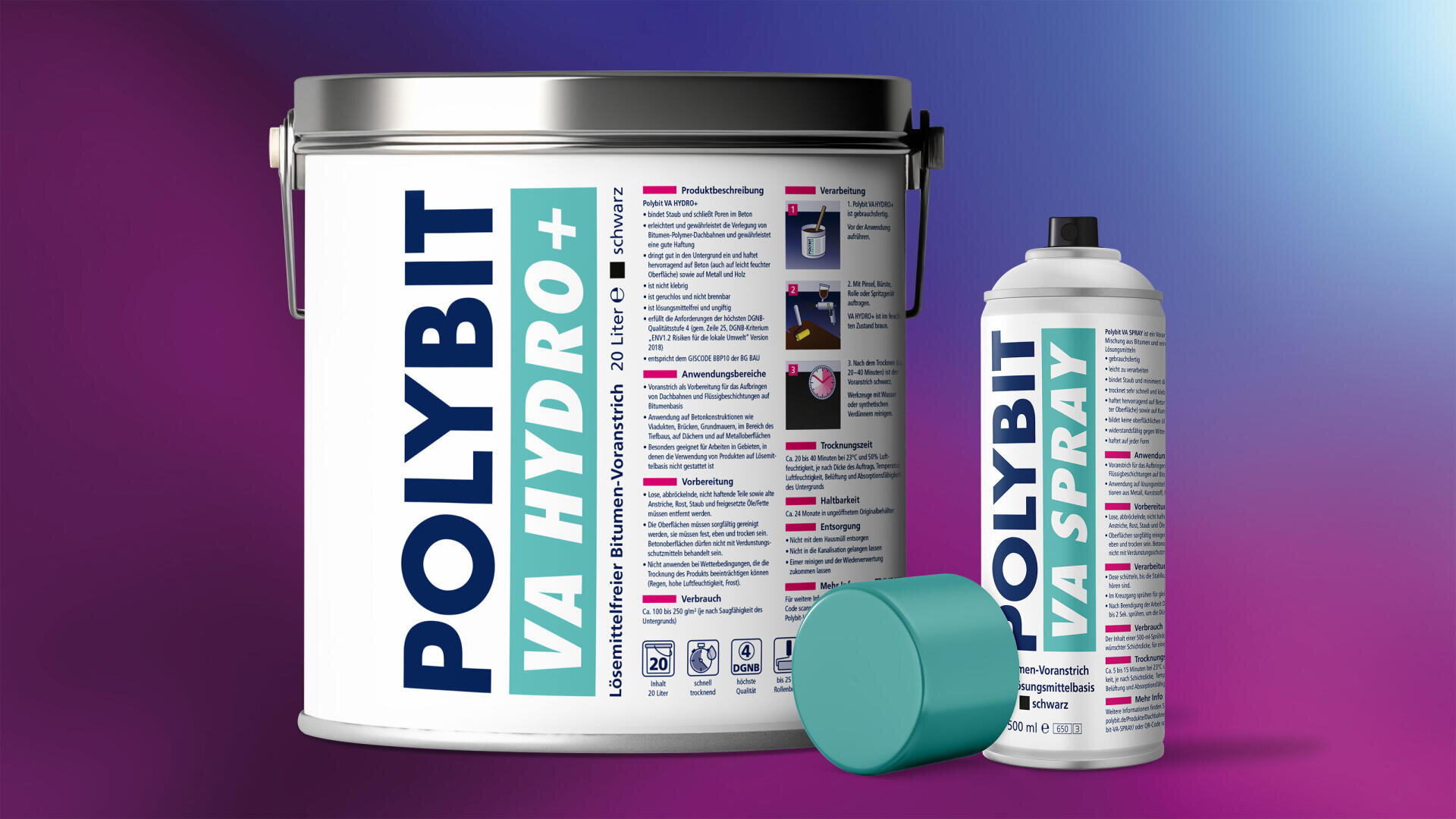 Ein großer weißer Farbeimer mit der Aufschrift POLYBIT VA HYDRO+ steht neben einer passenden Sprühdose mit der Aufschrift POLYBIT VA SPRAY und einer türkisfarbenen Kappe auf einem Hintergrund mit lila und blauem Farbverlauf.