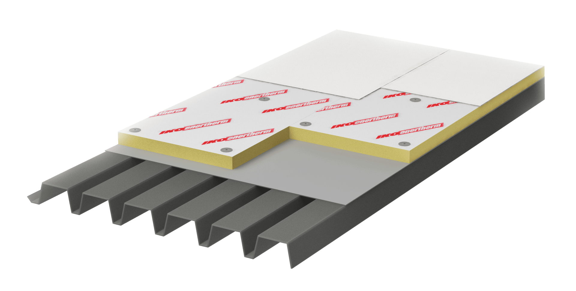 A cross-sectional view shows the layers of a roof system: a corrugated metal ceiling at the bottom, a gray insulation panel, yellow insulation panels with brand labels and white cover panels at the top.