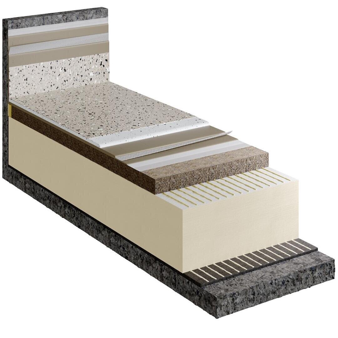 A 3D cross-sectional diagram of layered flooring materials, showing multiple distinct layers including concrete, insulation, vapor barriers, and finish flooring, arranged horizontally with different colors and textures.