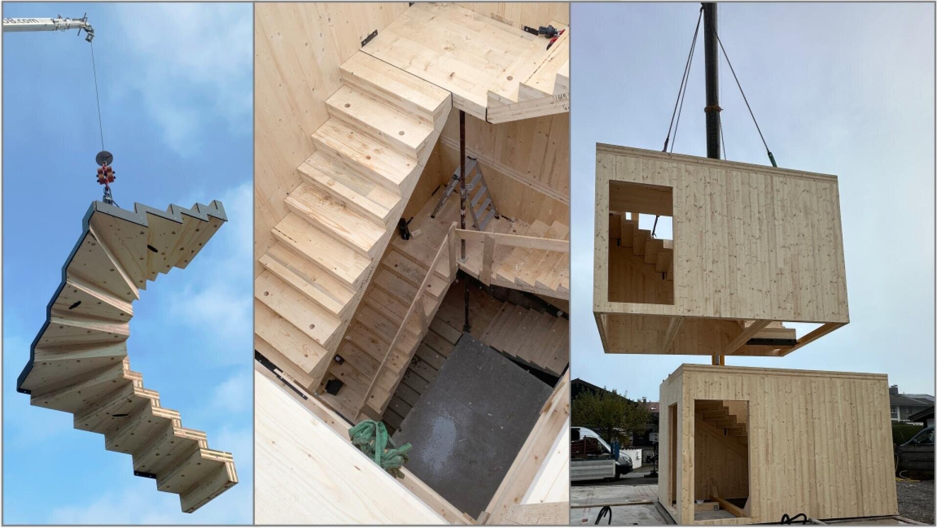 Ein zusammengesetztes Bild, das Folgendes zeigt: eine Holztreppe, die von einem Kran angehoben wird, eine Draufsicht auf die in einem Gebäude installierte Treppe und einen Kran, der vorgefertigte Holzmodule mit Treppen stapelt.