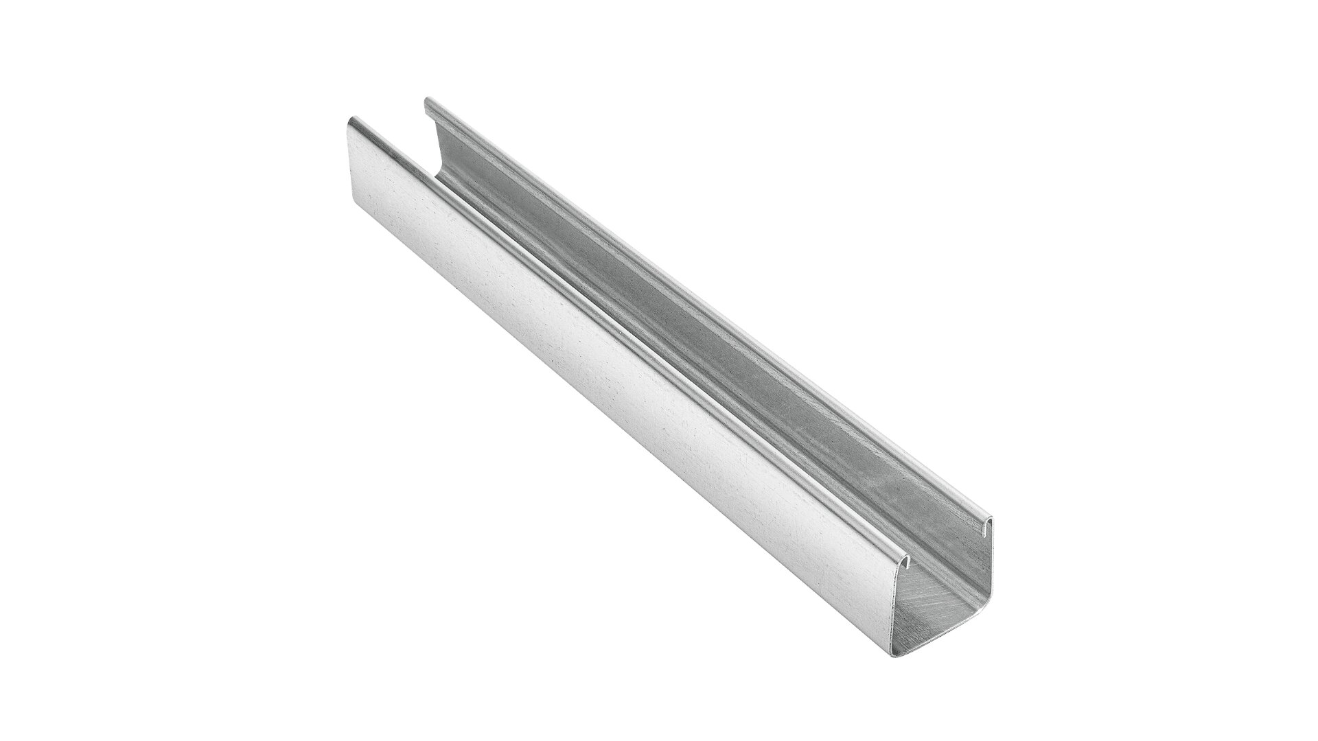 Ein metallischer U-Profilstab mit glänzender, silberner Oberfläche auf weißem Hintergrund. Der Stab hat eine gleichmäßige, rechteckige Form und eine offene Nut entlang seiner Länge.