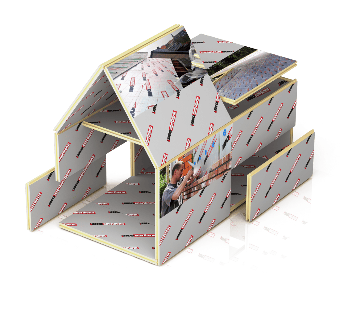 A house under construction is shown, the walls and roof of which are clad with inscribed insulation panels. A picture of a person installing the insulation can be seen on a roof panel. The building appears to be unfinished.