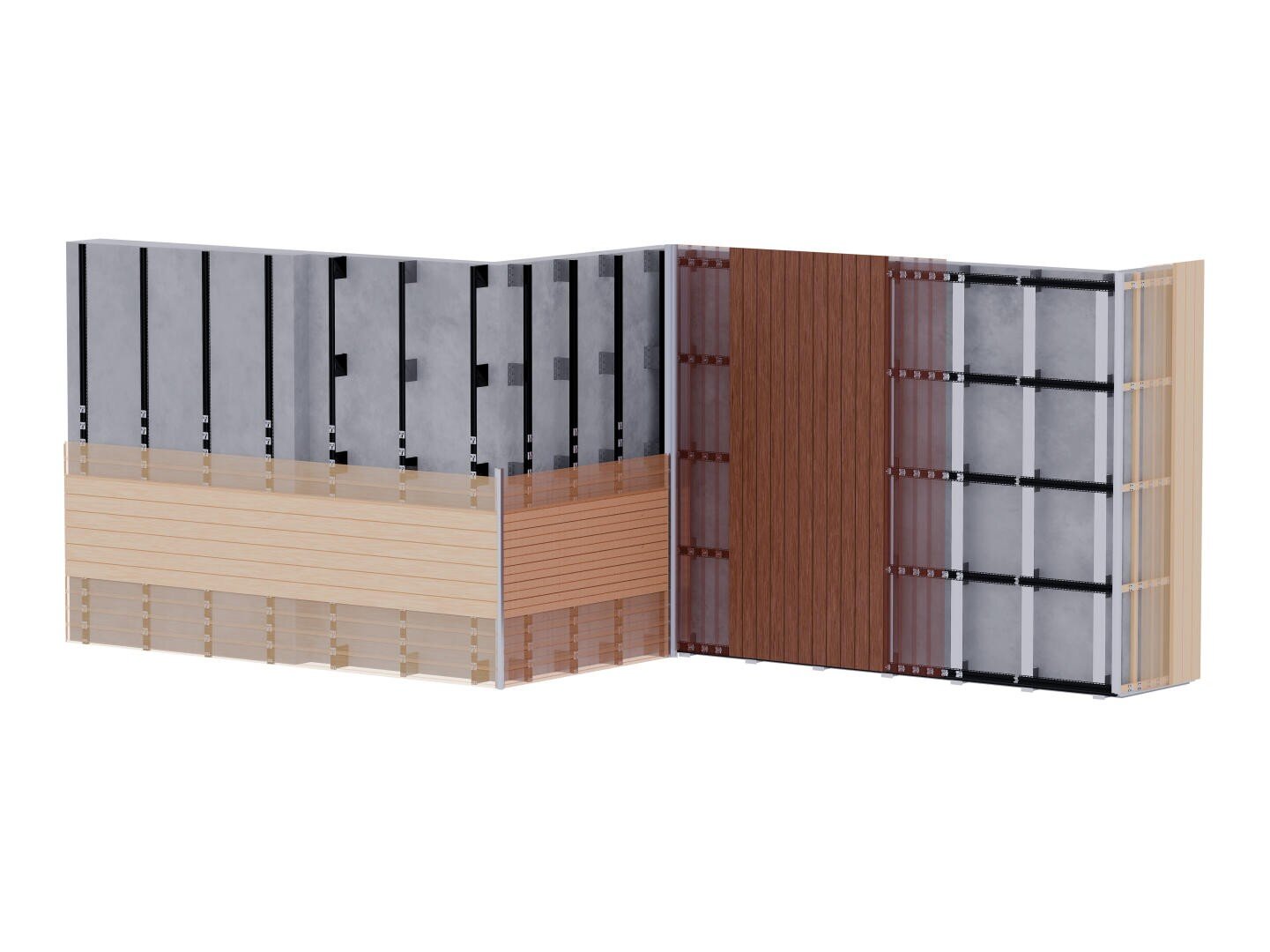 3D-Rendering einer Gebäudeecke mit Querschnitten der Wandschichten, einschließlich der Außenverkleidung aus Holz, der Dämmung, der Tragkonstruktion und der inneren Beton- oder Trockenbauschicht.