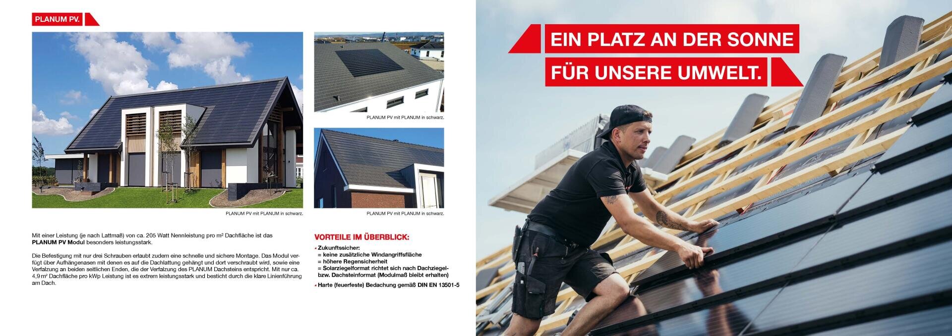 A man attaches dark solar roof tiles to a wooden roof construction. On the left are three modern houses with elegant, dark tiled roofs. The text promotes environmentally friendly roofing solutions.
