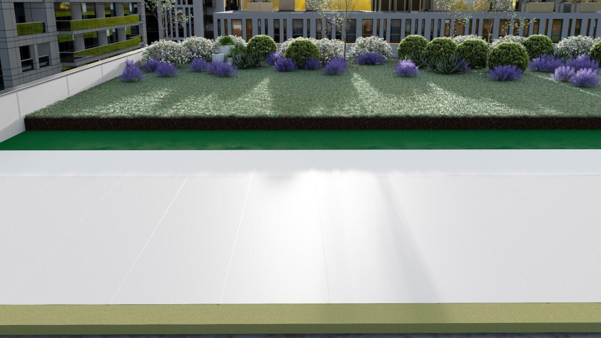 A landscaped rooftop garden with green grass, purple and white flowering shrubs, and a modern building in the background, separated by a paved white walkway.