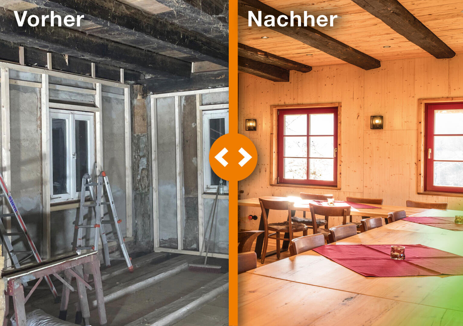 Das geteilte Bild zeigt einen Raum vor und nach der Renovierung. Linke Seite: unfertiger Raum mit freiliegenden Balken und Baumaterialien. Rechte Seite: fertiger, gemütlicher Essbereich mit Holzwänden, rot gerahmten Fenstern und angeordneten Tischen.