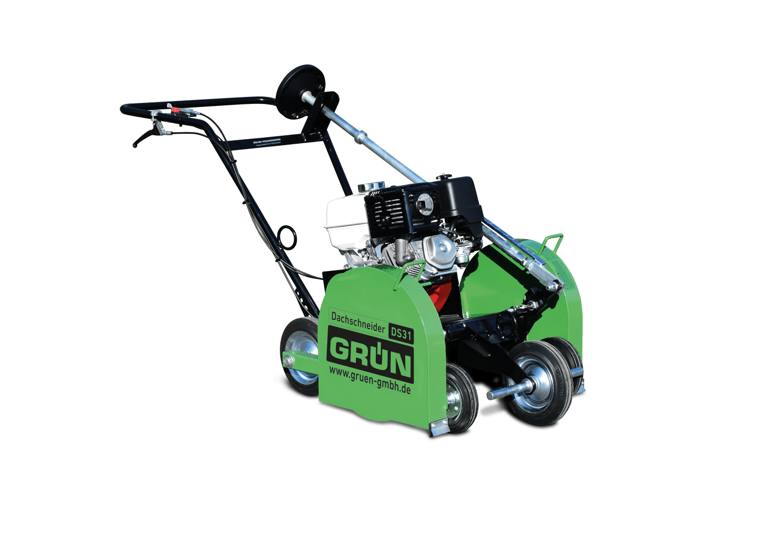 Green and black industrial roof cutter with wheels, motor, handlebars and the website www.gruen-gmbh.de on the side panel, on a plain white background.
