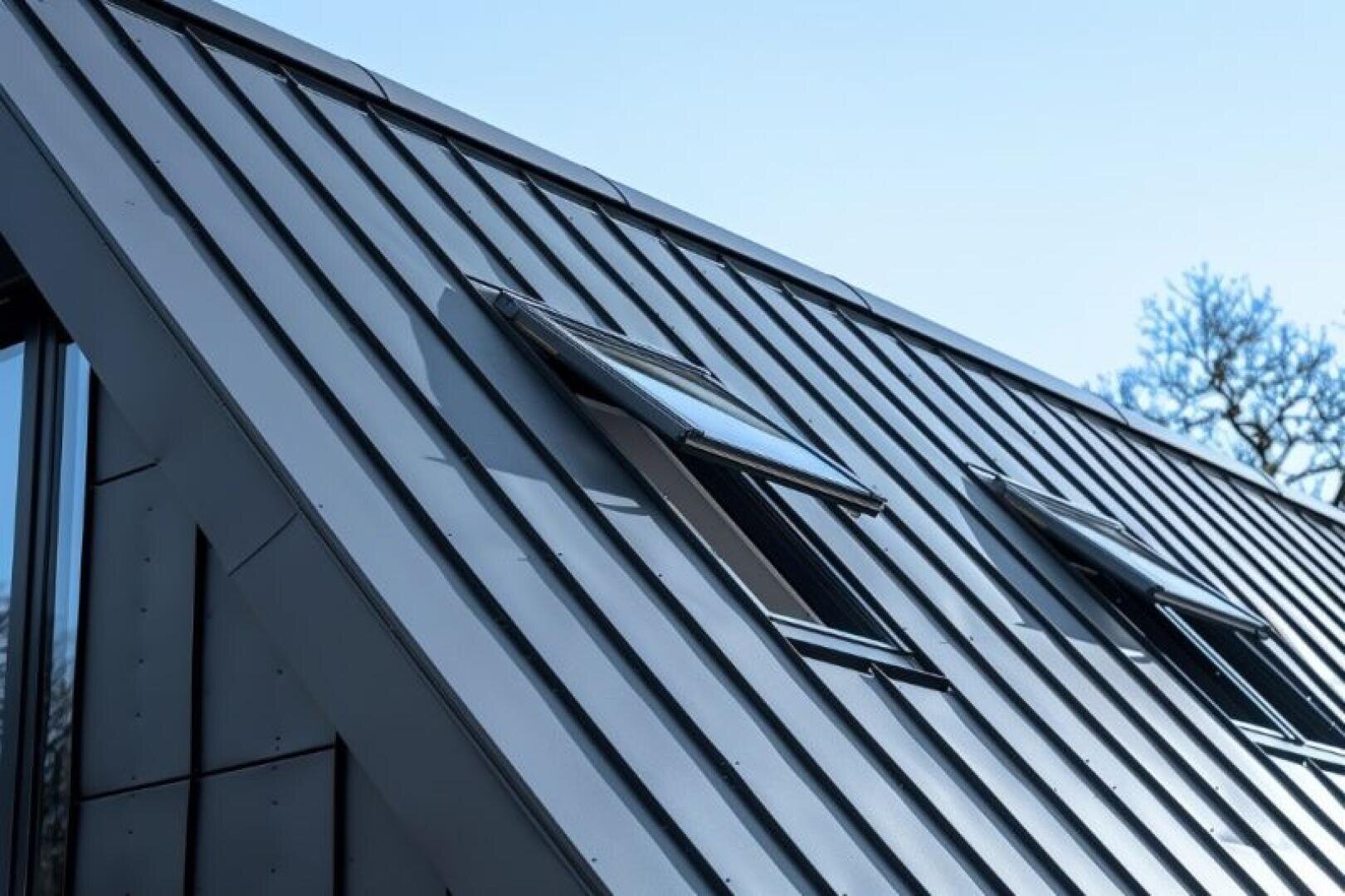 Ein modernes Metalldach mit zwei offenen Dachfenstern, in denen sich der klare blaue Himmel spiegelt, auf einer schrägen Struktur. Im Hintergrund ist ein kahler Baumast zu sehen.