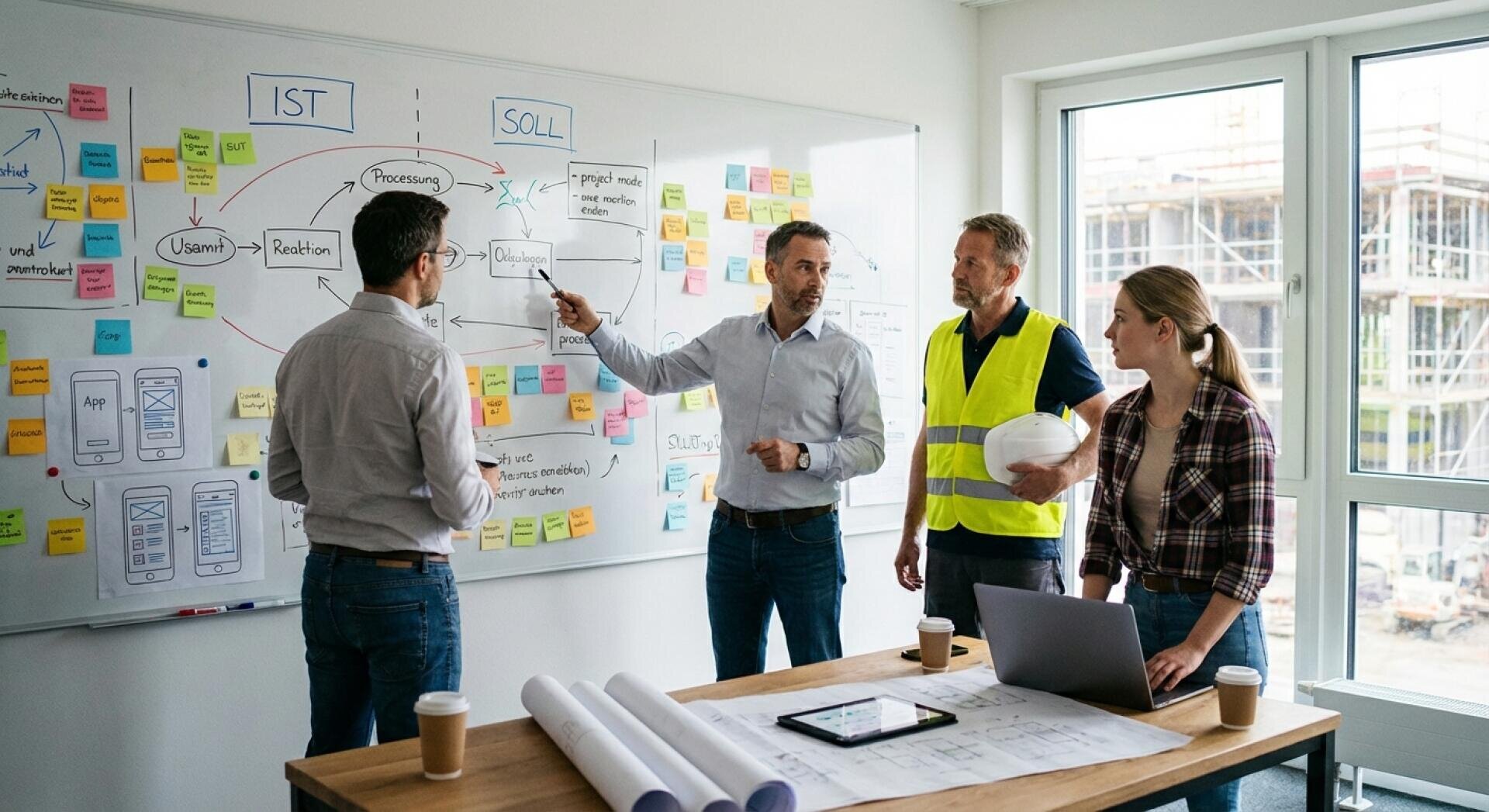 Vier Personen - zwei Männer in Geschäftskleidung, ein Mann in einer gelben Sicherheitsweste mit einem Schutzhelm und eine Frau mit einem Laptop - diskutieren in einem hellen Büro vor einem Whiteboard mit Diagrammen und Haftnotizen über ein Projekt.