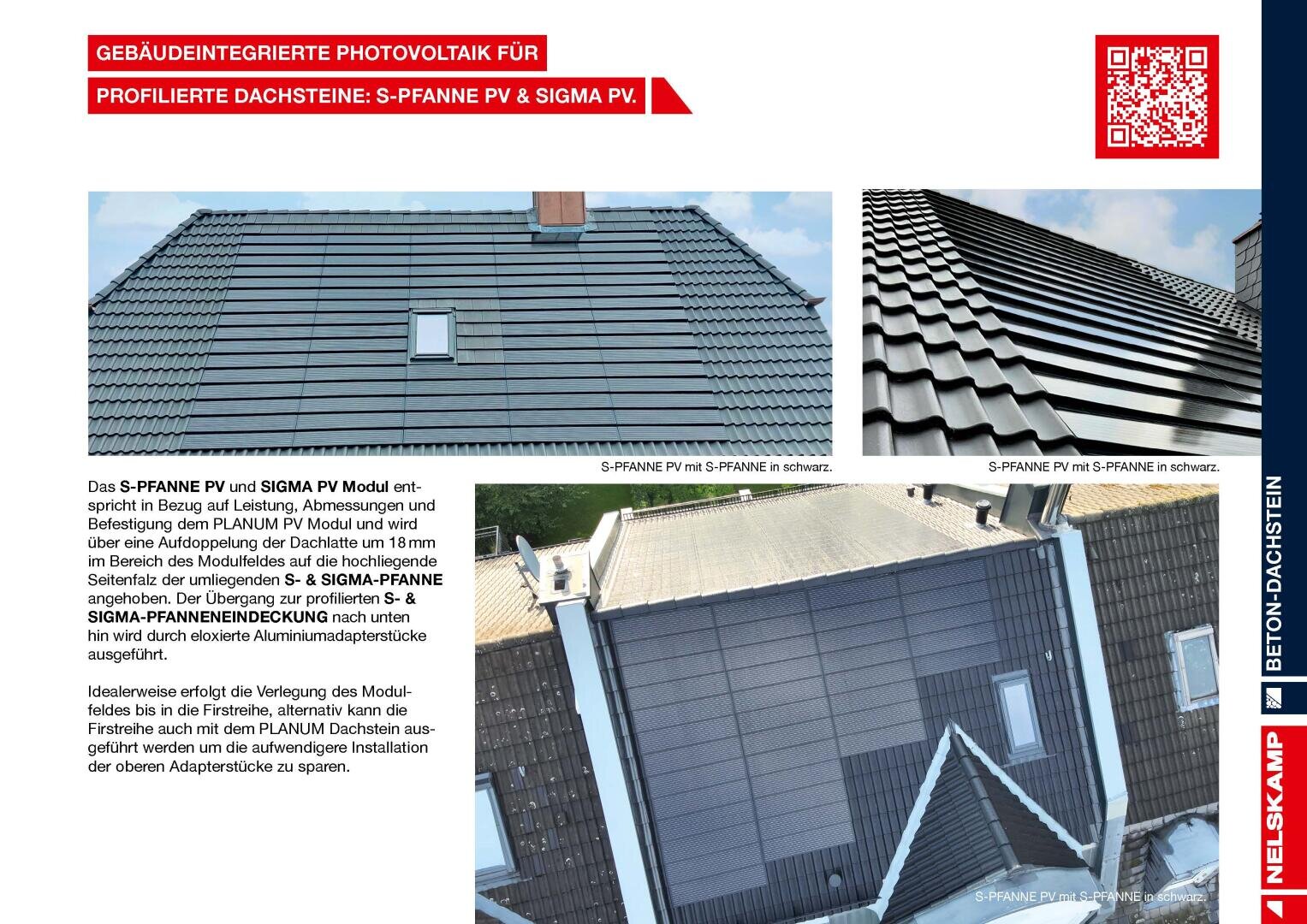 Eine deutsche Broschüre mit drei Nahaufnahmen von Dächern mit integrierten schwarzen Photovoltaik-Ziegeln, die als S-Pfanne PV und SIGMA PV bezeichnet werden. Der Hintergrund enthält deutschen Text und eine rote Seitenleiste mit einem Branding auf der rechten Seite.