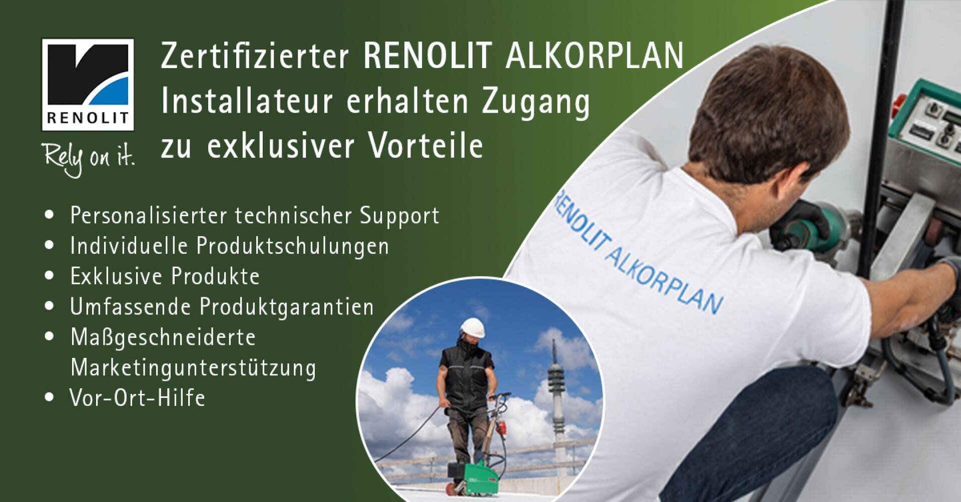 Werbegrafik für RENOLIT ALKORPLAN mit einem Arbeiter, der ein Gerät benutzt, einem RENOLIT-Logo und einem deutschen Text über die exklusiven Vorteile für zertifizierte Installateure, wie Unterstützung, Schulung und Marketinghilfe.