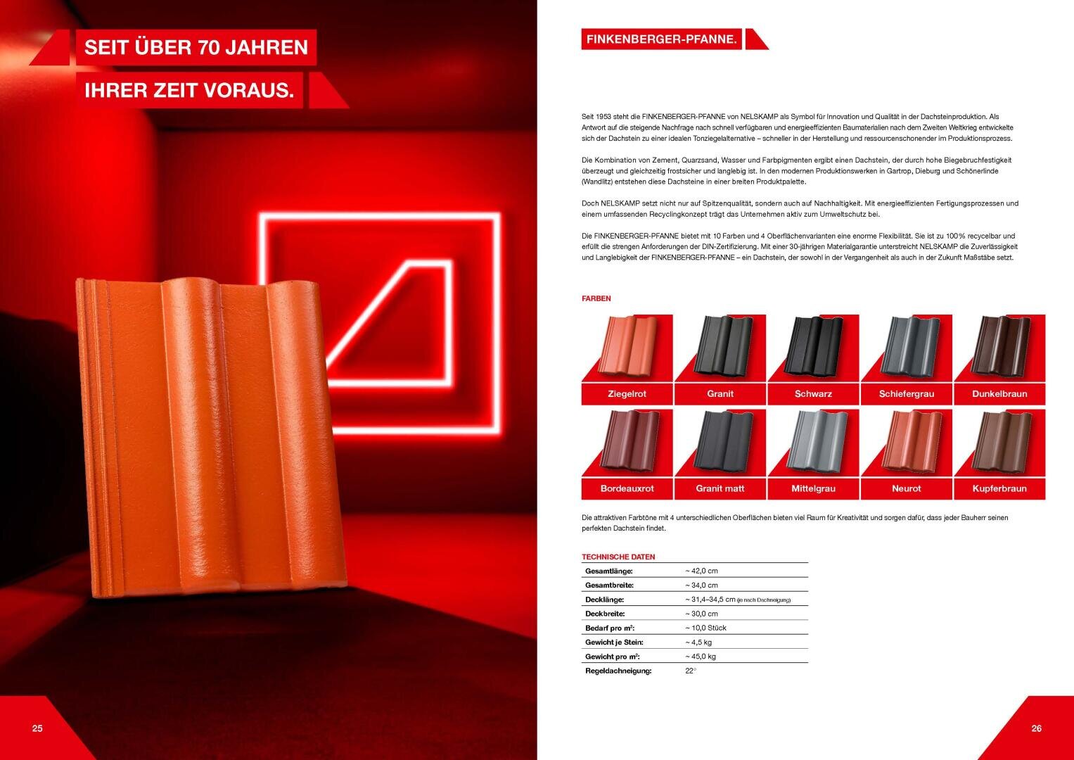 A catalog page displays a red roof tile on the left, with text in German and a glowing red geometric outline in the background. On the right are images of various roof tiles in different colors, with technical data below.