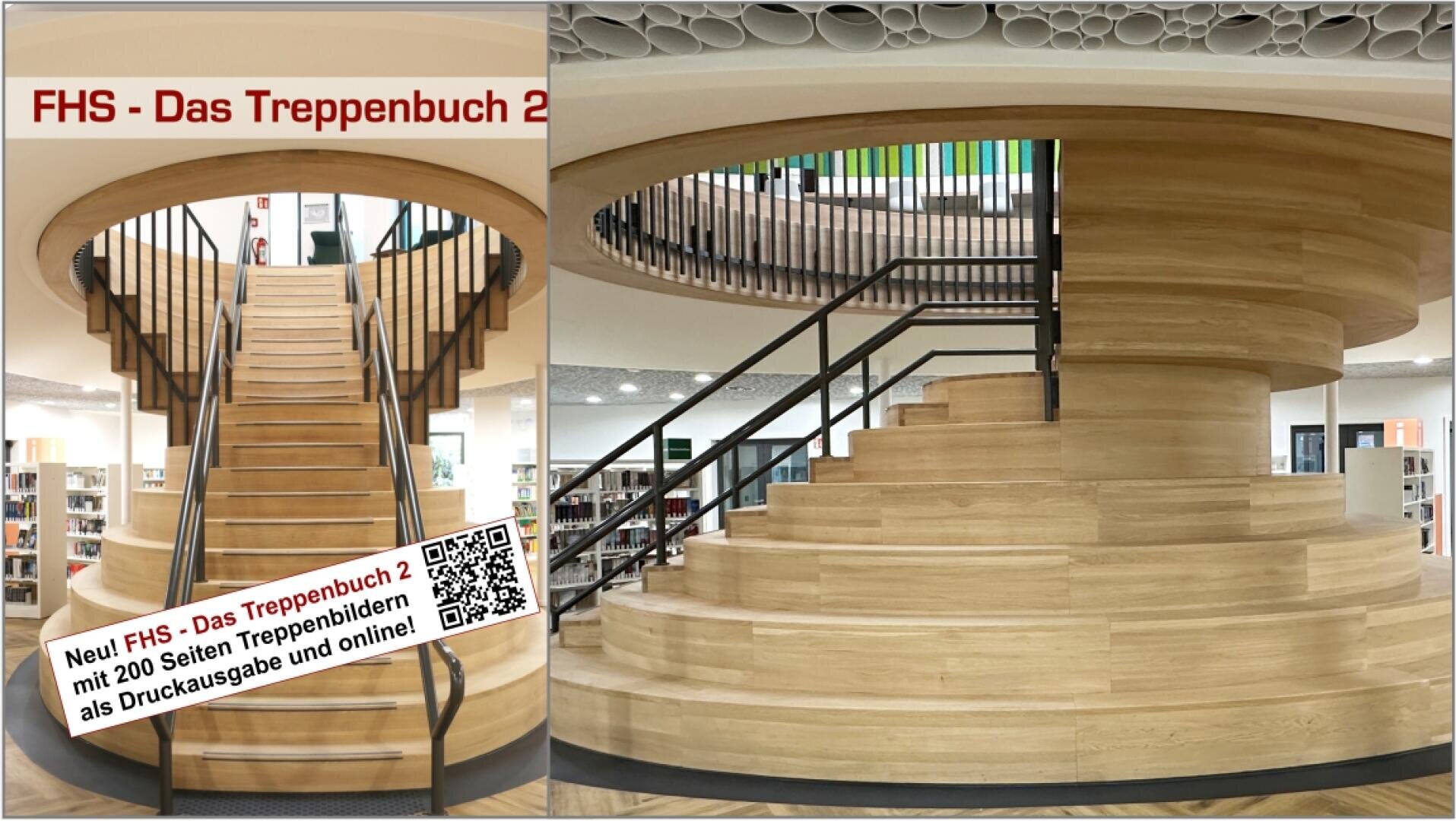 Geteiltes Bild, das eine große, runde Holztreppe in einer Bibliothek zeigt. Linke Seite: Treppe von unten gesehen, mit einem Schild über ein neues Treppenbuch. Rechte Seite: Seitenansicht mit der Spiralform und den Bücherregalen im Hintergrund.