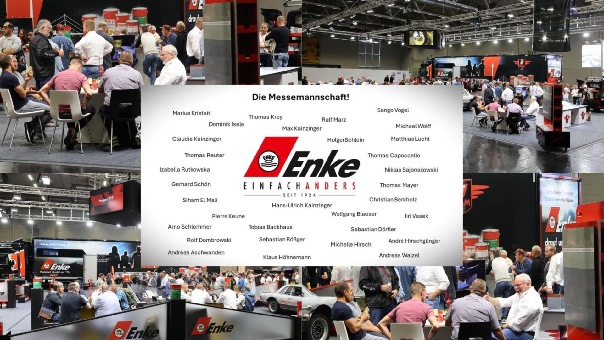 Collage von Fotos eines Messestandes von Enke, die an Tischen sitzende Personengruppen, Ausstellungsdisplays und eine zentrale Liste mit den Namen der Teammitglieder unter dem Enke-Logo zeigen.
