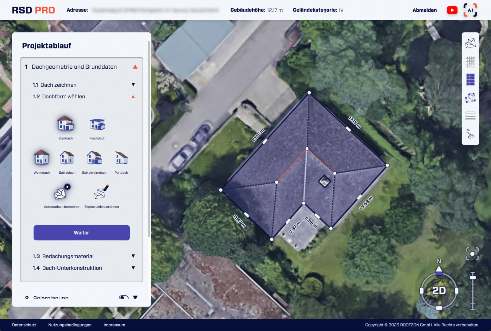 Aerial view of a house with a dark roof, displayed on a digital roof meter. The roof is outlined and measured, with a sidebar for the project flow on the left and controls for map navigation at the bottom right.