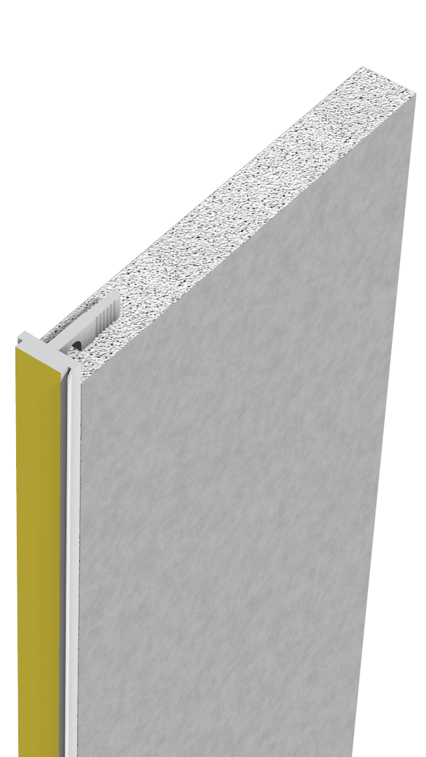 3D-Darstellung einer isolierten Wandplatte, die einen Querschnitt mit einem strukturierten Kern, einer grauen Außenschicht und einer gelben Randkappe zeigt, die ein internes Metallverbindungssystem offenbart.