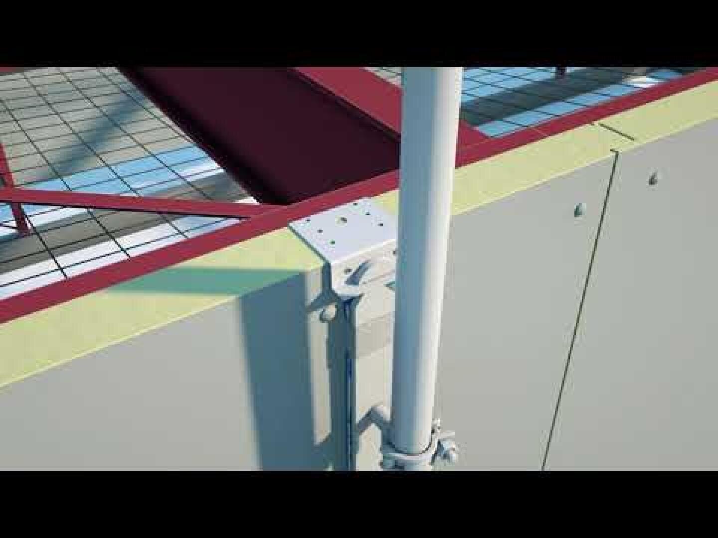 Ein digitales Rendering zeigt einen Stahlträger, der mit Schrauben an einer Säule befestigt ist, neben einer Wand und einem Dachstuhl, wobei Konstruktions- und Verbindungsdetails hervorgehoben werden.