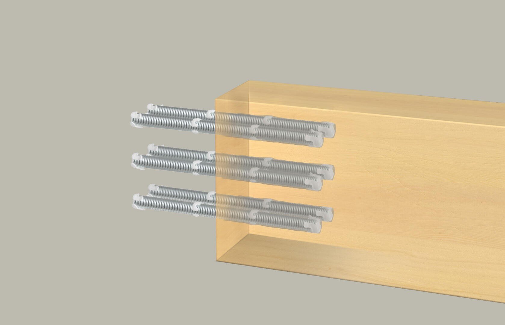 A digital image shows a block of wood with three pairs of long metal bolts inserted horizontally into the side in two rows. The bolts appear partially transparent to clarify their position in the wood.