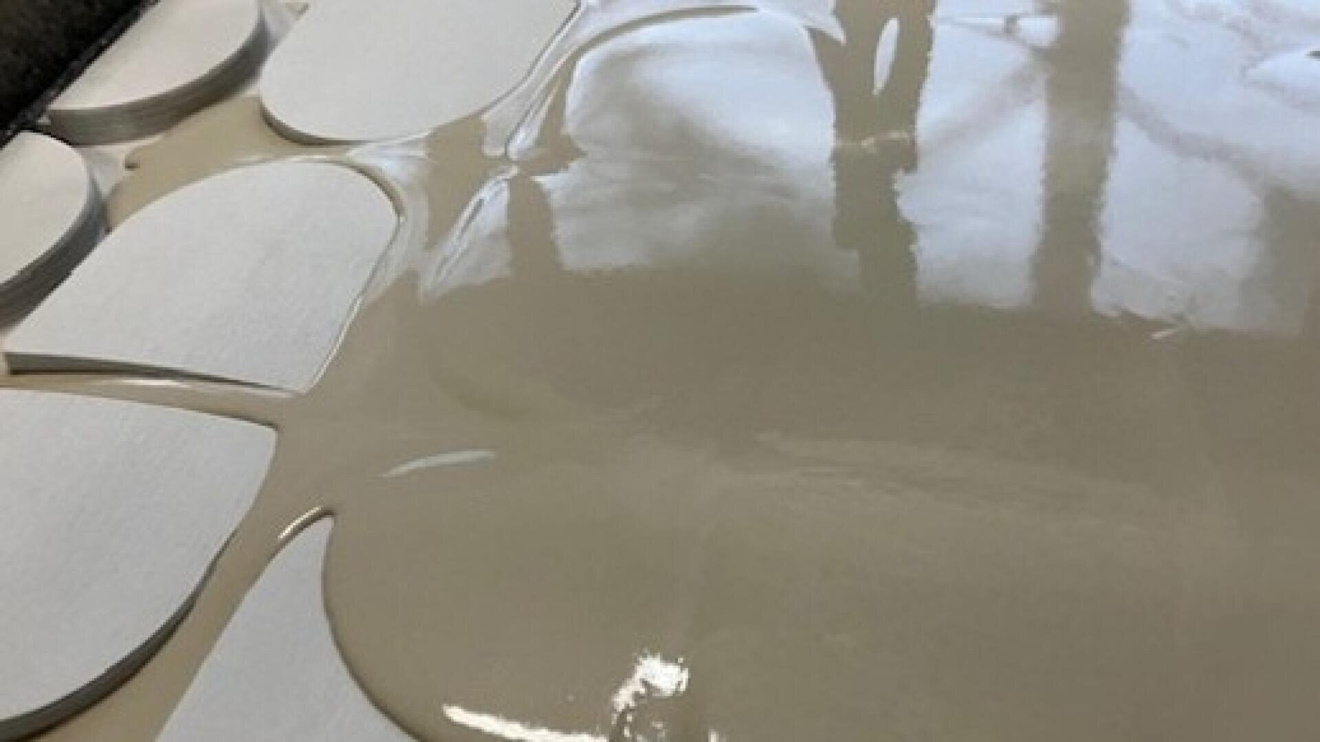A close-up of a smooth, shiny beige liquid being poured over circular white molds, possibly in a production or food preparation environment. Reflections can be seen on the surface of the liquid.